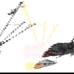 EARLY SET OF SCOTTISH BAGPIPES: EARLY SET OF SCOTTISH BAGPIPES 18TH CENTURY comprising the remnants of a leather bag, covered in checked tartan wool, with a chanter stock, two tenor drones, a base drone and a blow pipe, together wit
