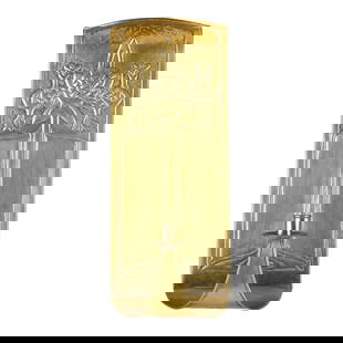 IONA - A BRASS WALL SCONCE: IONA - A BRASS WALL SCONCE ALEXANDER RITCHIE the large rectangular sconce with curved upper and lower sections, embossed with a large stylised Celtic cross, with an integral simple socket sconce with