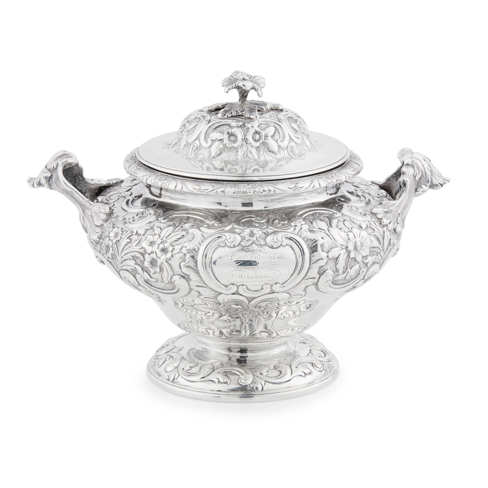 A VICTORIAN PRESENTATION COVER SUGAR BOWL: A VICTORIAN PRESENTATION COVER SUGAR BOWL ROBB AND WILLET, EDINBURGH 1837 Of inverted laser shaped with profusely chased foliage and scrolls, the scroll formed cartouche with an engraved crest and to 