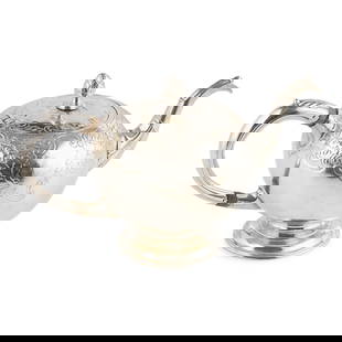 Y A GEORGE II BULLET TEAPOT: A GEORGE II BULLET TEAPOT KER & DEMPSTER, EDINBURGH 1749 Assay Master, Hugh Gordon, of traditional form, chased floral borders, the hinged lid with similar decoration and budding finial, engraved to t