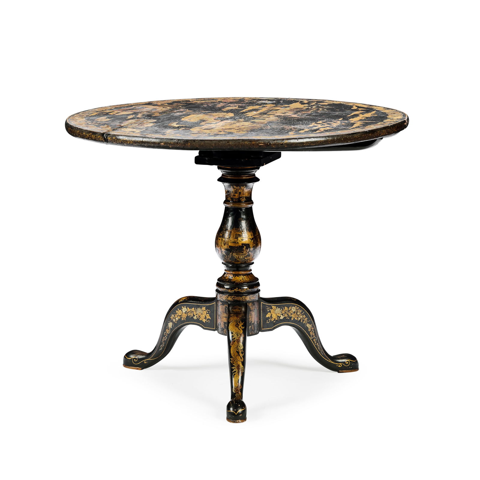 CHINESE EXPORT BLACK LACQUER AND GILT BIRDCAGE TEA TABLE: CHINESE EXPORT BLACK LACQUER AND GILT BIRDCAGE TEA TABLE EARLY 19TH CENTURY the circular tilt top with gilt decoration depicting court scenes with pavilions, terraces, and boats within a scrolling dra