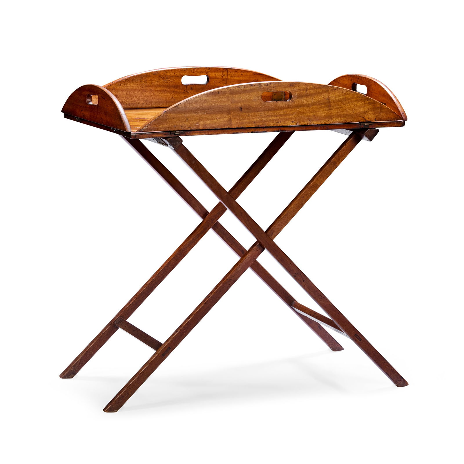 GEORGE IV MAHOGANY BUTLER'S TRAY-ON-STAND: GEORGE IV MAHOGANY BUTLER'S TRAY-ON-STAND EARLY 19TH CENTURY the oval tray with hinged sides and handles, on a separate X-folding base 79cm wide, 85cm high, 51cm deep [sides up] Property from the Earl