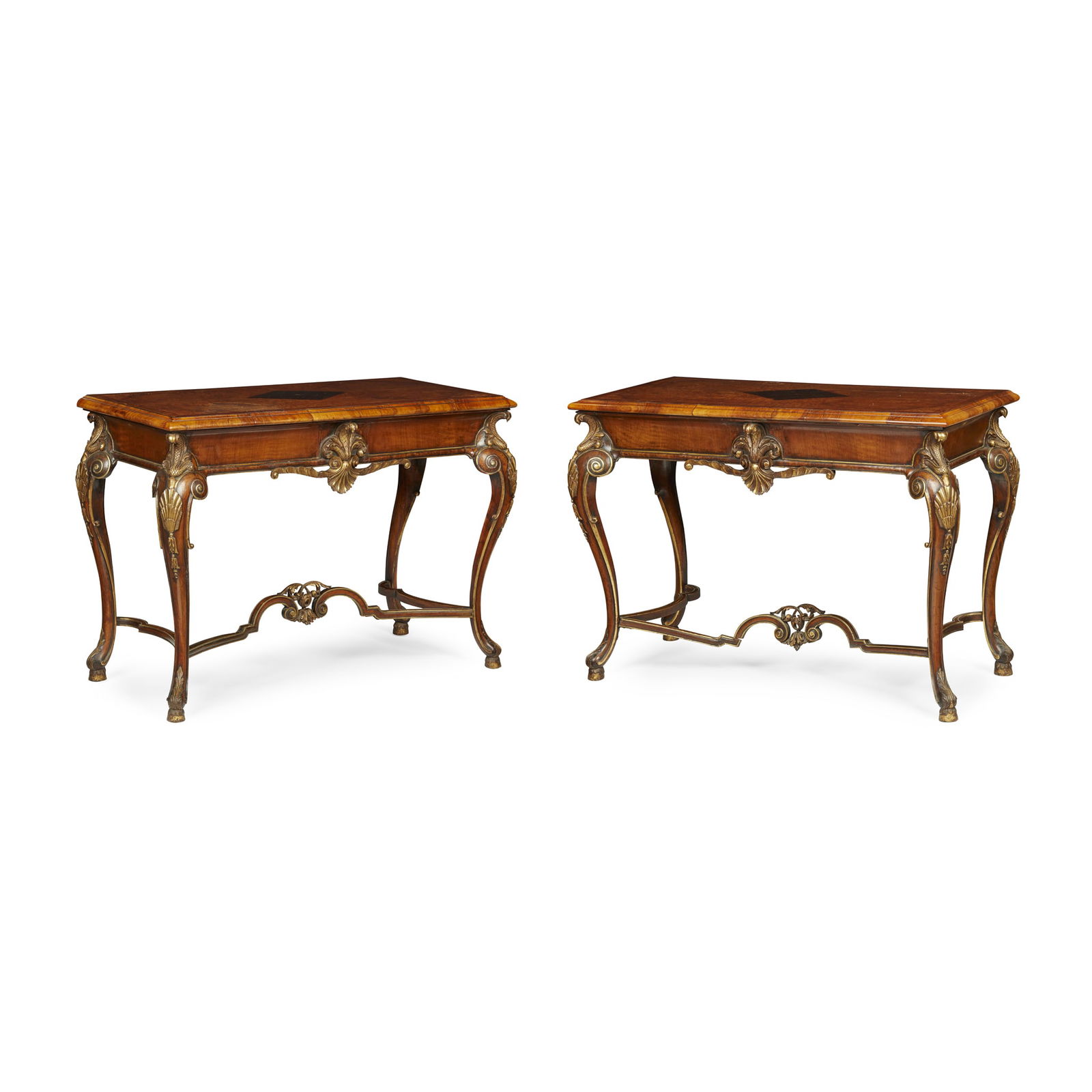 PAIR OF WALNUT, LABURNUM, AND PARCEL GILT CONSOLE TABLES: PAIR OF WALNUT, LABURNUM, AND PARCEL GILT CONSOLE TABLES LATE 19TH CENTURY the quarter-veneered and featherbanded tops centred by oyster veneered diamond reserves within a moulded edge, the friezes ce