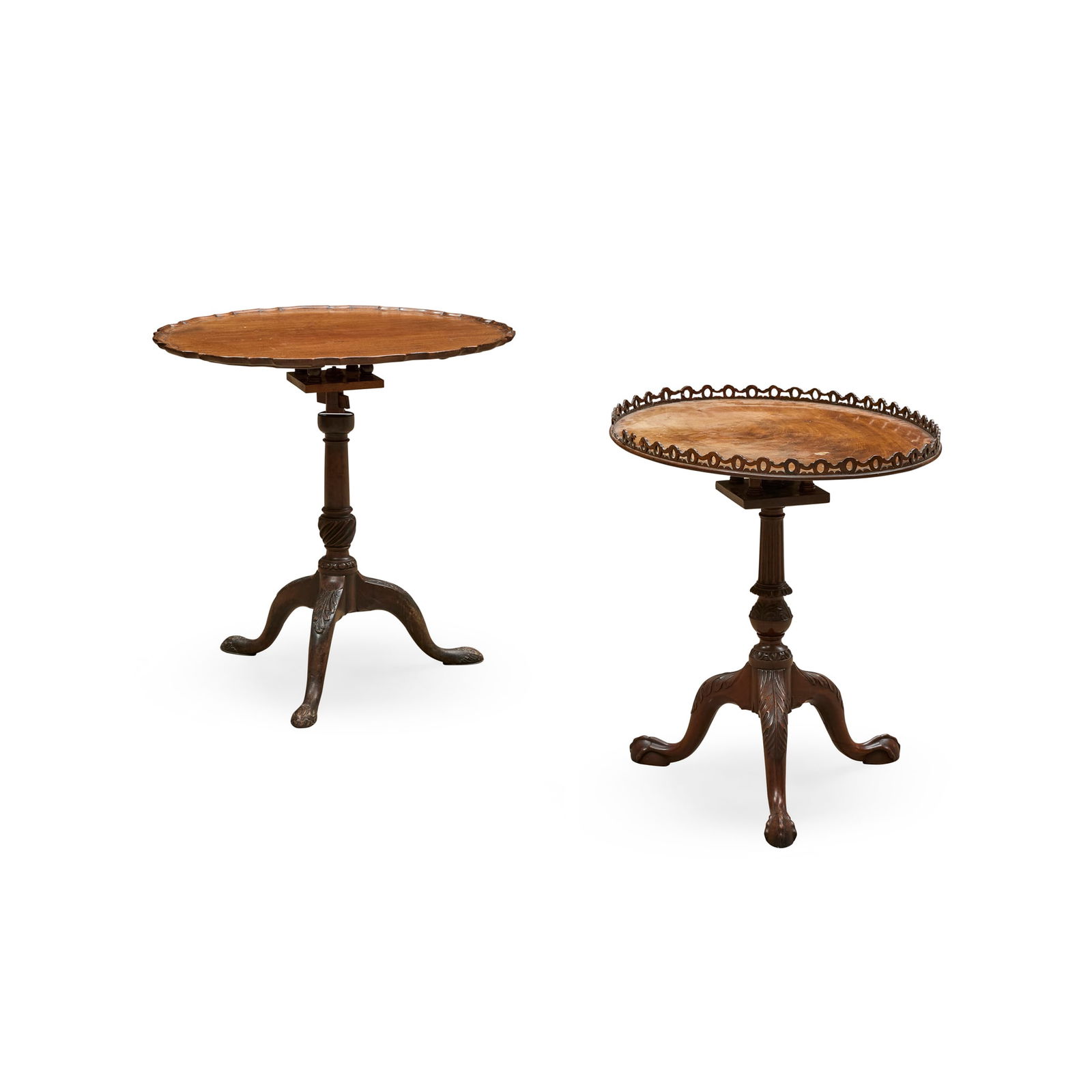 TWO GEORGE III MAHOGANY TRIPOD BASES AND ASSOCIATED TOPS: TWO GEORGE III MAHOGANY TRIPOD BASES AND ASSOCIATED TOPS MID 18TH CENTURY the first with a fluted column with acanthus carved knop raised on acanthus carved cabriole legs ending in ball and claw feet,