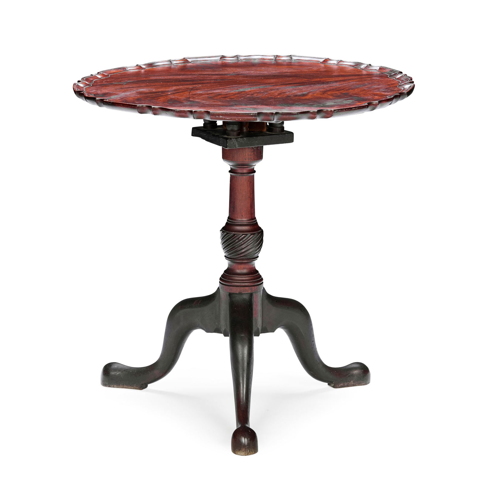 EARLY GEORGE III MAHOGANY PIECRUST BIRDCAGE TEA TABLE: EARLY GEORGE III MAHOGANY PIECRUST BIRDCAGE TEA TABLE MID 18TH CENTURY the circular piecrust tilt top on a birdcage, on a fluted column and tripod legs ending in pad feet 71cm in diameter, 70m high