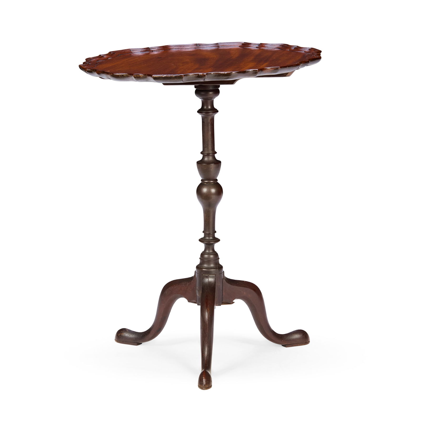 EARLY GEORGE III MAHOGANY PIECRUST TRIPOD TEA TABLE: EARLY GEORGE III MAHOGANY PIECRUST TRIPOD TEA TABLE MID 18TH CENTURY the shaped circular top with a moulded edge, raised on a slender baluster column and cabriole legs ending in pointed pad feet 55cm