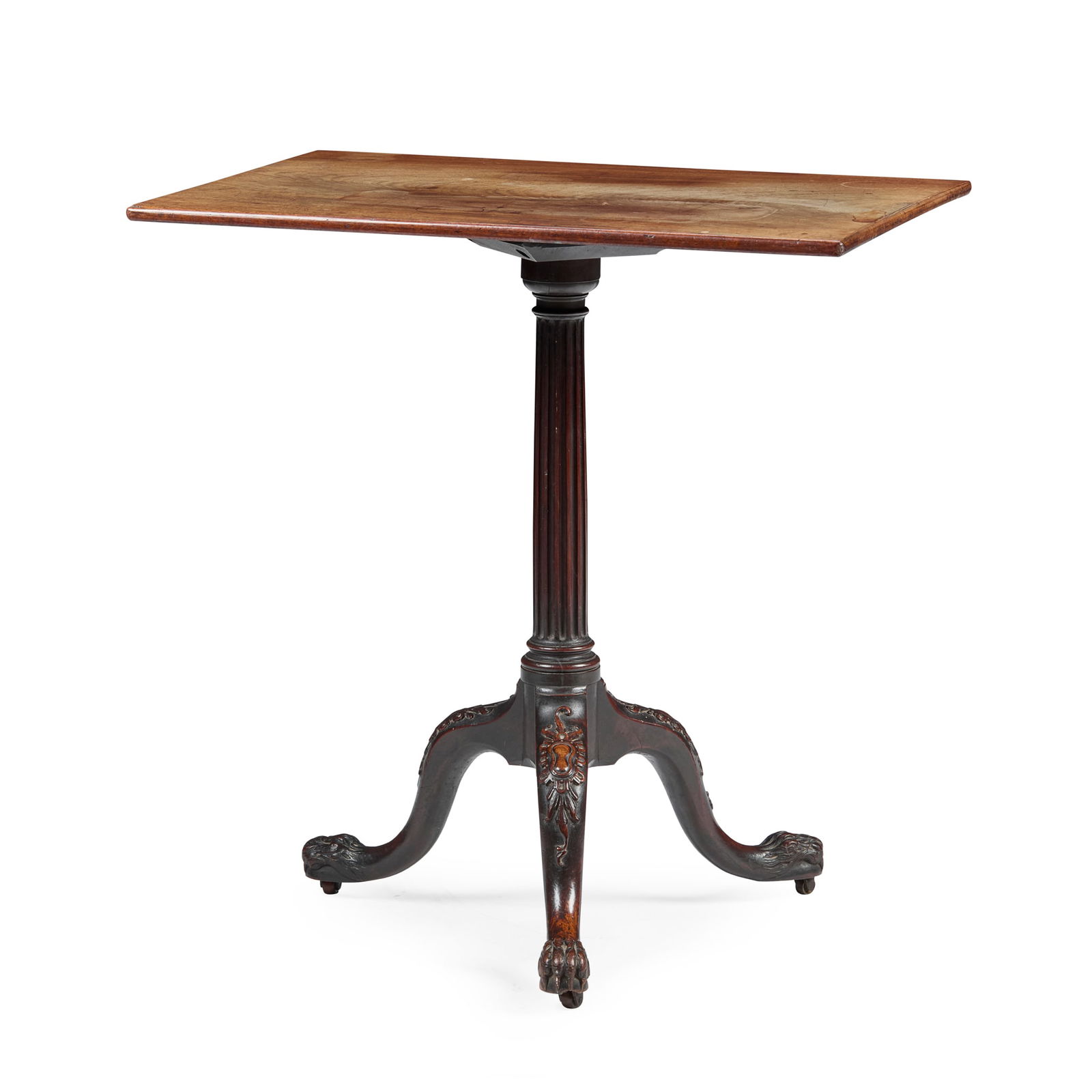 EARLY GEORGE III MAHOGANY TEA TABLE: EARLY GEORGE III MAHOGANY TEA TABLE MID 18TH CENTURY the later rectangular top on a fluted column and leaf-carved tripod legs ending in paw and ball feet with concealed brass and wooden castors 70cm w