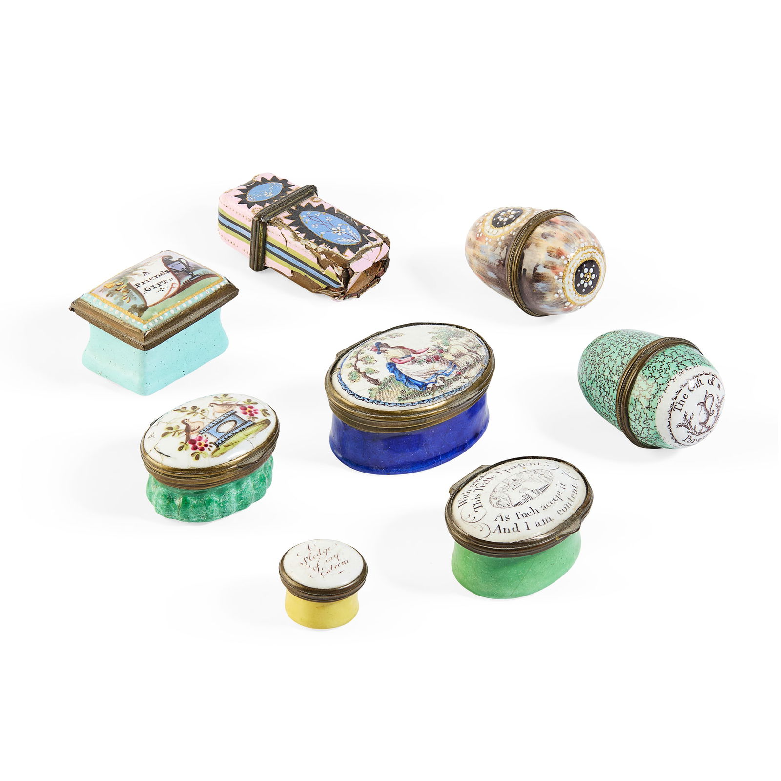 COLLECTION OF EIGHT ENAMEL PATCH BOXES AND NUTMEG GRATERS: COLLECTION OF EIGHT ENAMEL PATCH BOXES AND NUTMEG GRATERS LATE 18TH/ EARLY 19TH CENTURY to include an oval box decorated with a shepherdess and sheep, with cobalt sides, 5cm wide; a rectangular box de