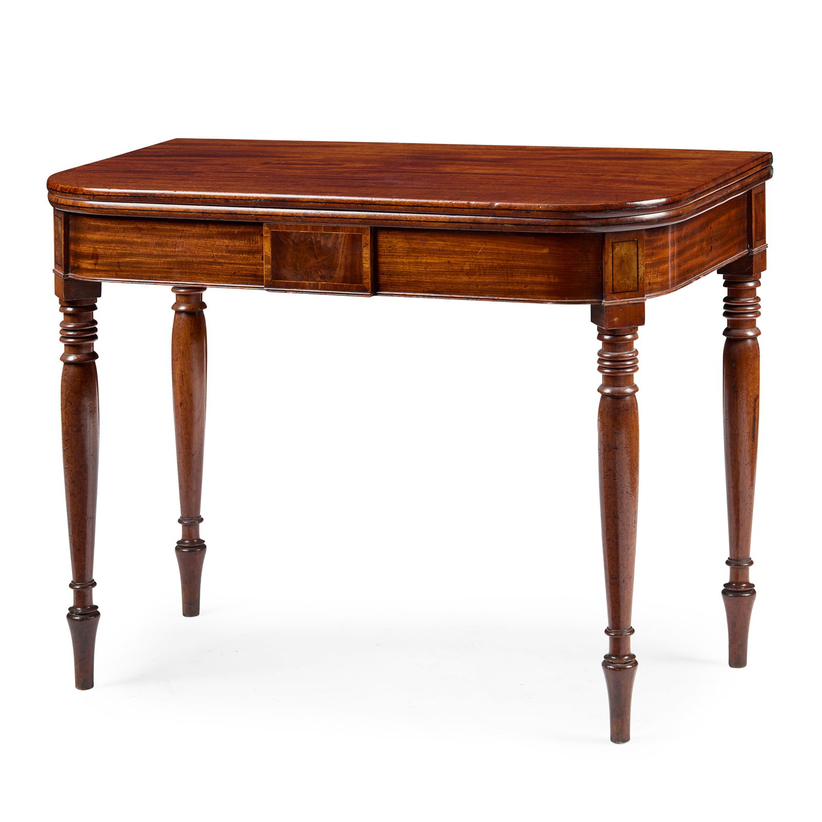 REGENCY MAHOGANY TEA TABLE: REGENCY MAHOGANY TEA TABLE EARLY 19TH CENTURY the fold-over D-shaped top above a plain frieze centred by a tablet, raised on turned and tapered legs 91cm wide, 74cm high, 46cm deep The Estate of Eric