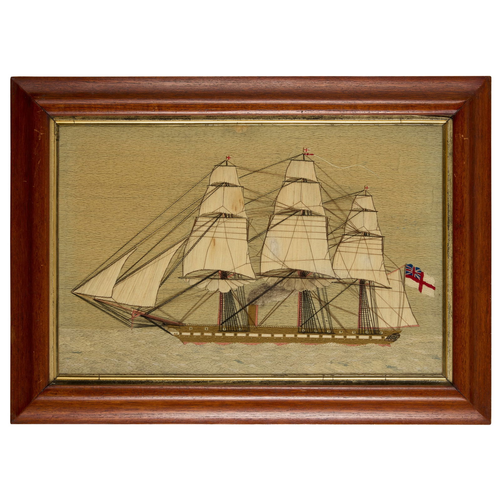 BRITISH SAILOR'S WOOLWORK 'WOOLIE' PICTURE OF A STEAMSHIP: BRITISH SAILOR'S WOOLWORK 'WOOLIE' PICTURE OF A STEAMSHIP 19TH CENTURY shown in full sail with a single funnel billowing steam, flying the Royal Navy white ensign, framed 34cm high, 52cm wide, s