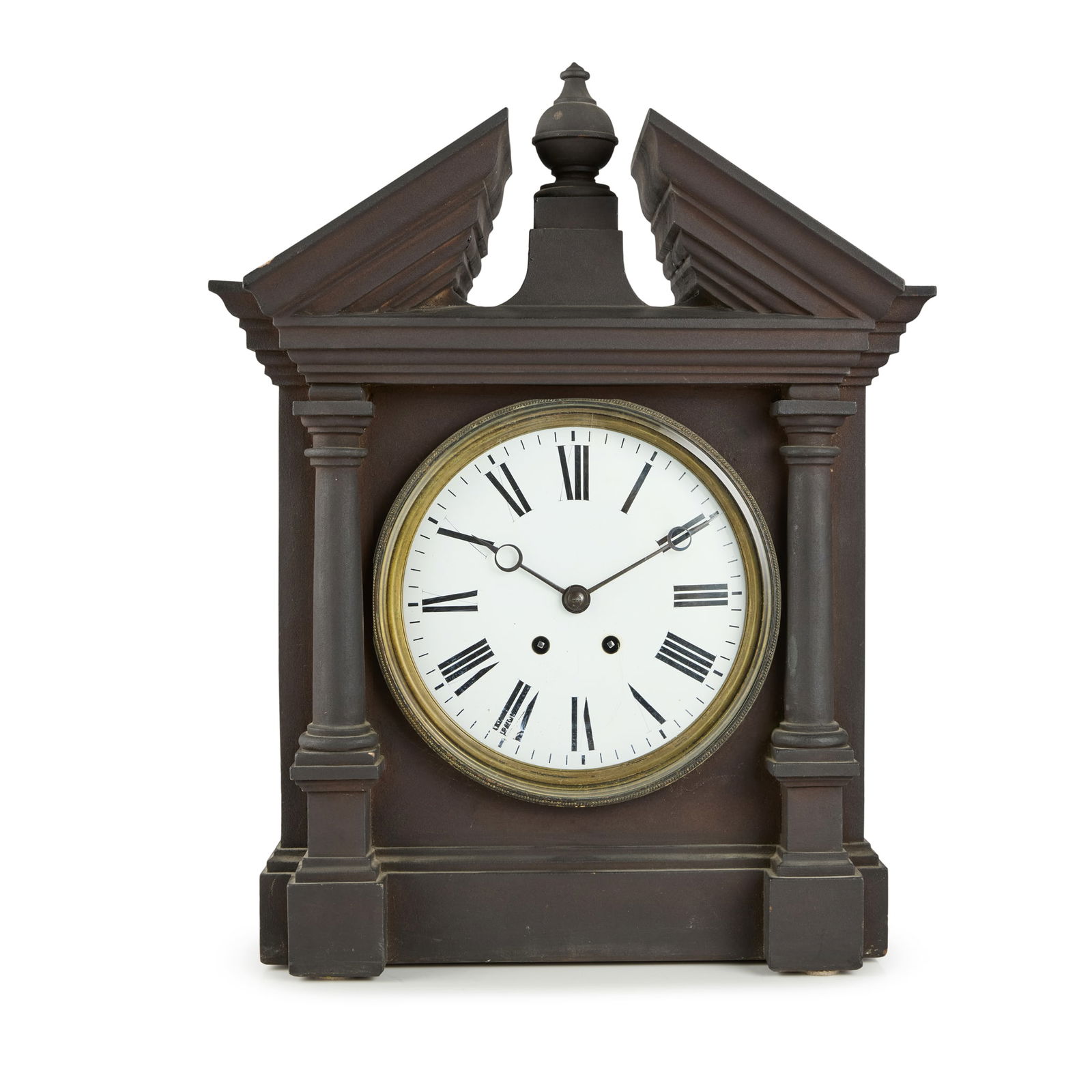 UNUSUAL LATE VICTORIAN BLACKENED COADE STONE TABLE CLOCK: UNUSUAL LATE VICTORIAN BLACKENED COADE STONE TABLE CLOCK DATED 1898 the circular white enamel dial with Roman numerals, the architectural case with broken pediment and central ball finial, flanked by