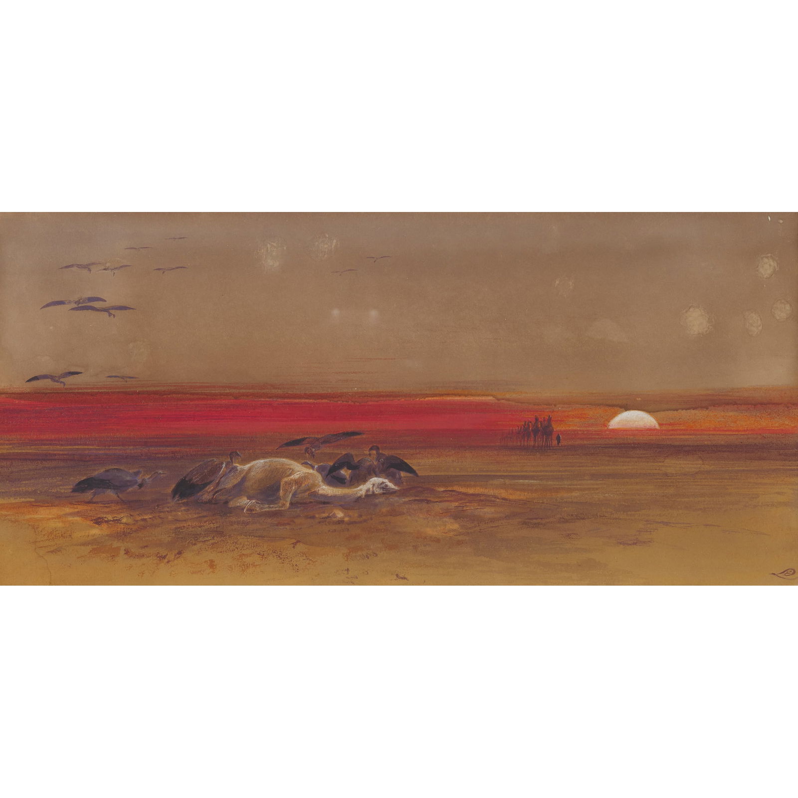 EDWARD LEAR (BRITISH 1812-1888): EDWARD LEAR (BRITISH 1812-1888) DEAD CAMEL GETTEN EATEN BY BUZZARDS Signed with the monogram, watercolour and bodycolour 18cm x 37cm (7in x 14.5in)