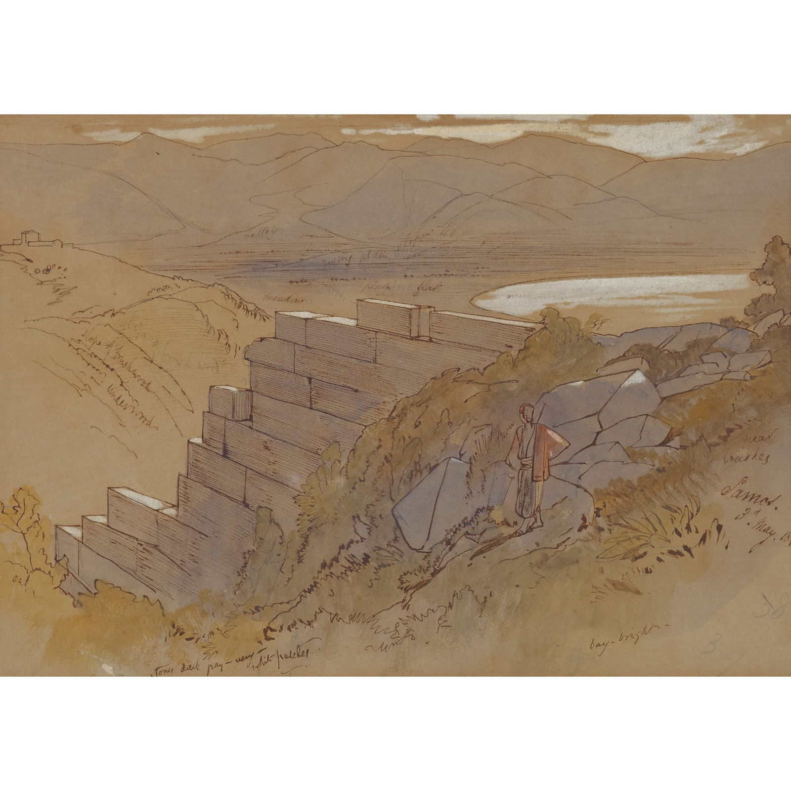 EDWARD LEAR (BRITISH 1812-1888): EDWARD LEAR (BRITISH 1812-1888) WALL IN SAMOS, GREECE Inscribed with the title and dated 3rd May 1848, further annotated with extensive colour notes, pen and ink, watercolour and bodycolour 19cm x 28c
