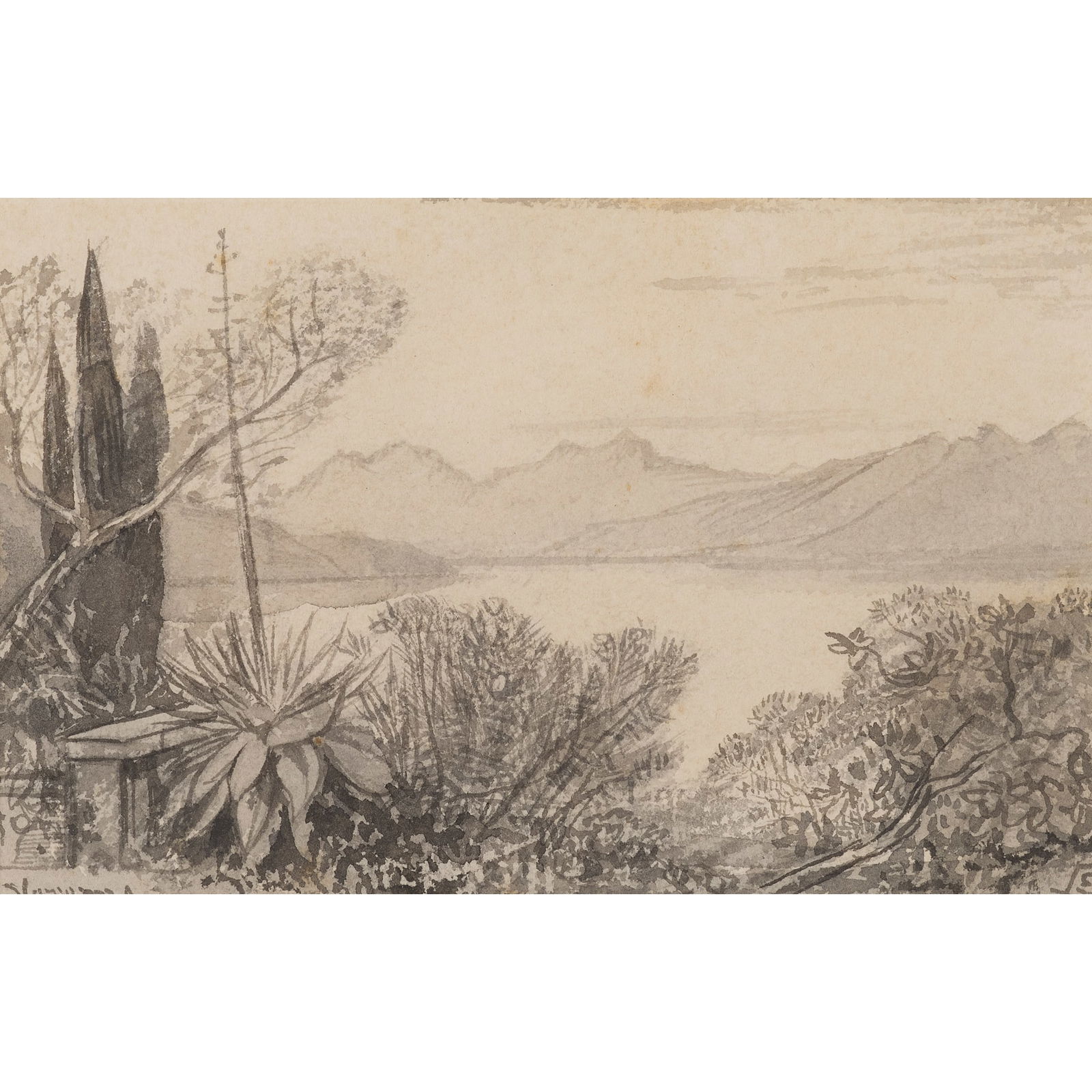 EDWARD LEAR (BRITISH 1812-1888): EDWARD LEAR (BRITISH 1812-1888) ILLUSTRATION TO TENNYSON'S 'THE DAISY - ONE TALL AGAVE - VARENNA, LAKE OF LECCO (BELLAGGIO) ITALY Signed with the monogram and inscribed ‘Varenna’, further