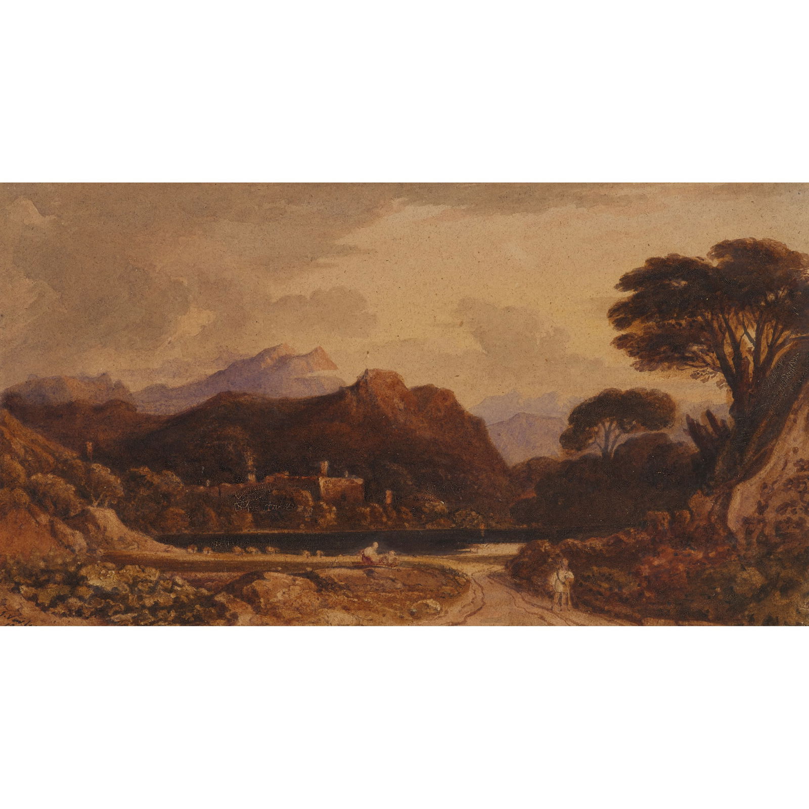 JOHN VARLEY R.W.S. (BRITISH 1778–1842): JOHN VARLEY R.W.S. (BRITISH 1778–1842) FIGURE BY A LAKE WITH DISTANT CASTLE Signed and dated 1842, watercolour 20.5cm x 38cm (8in x 15in) Thos. Agnew & Sons Ltd, London, 11729