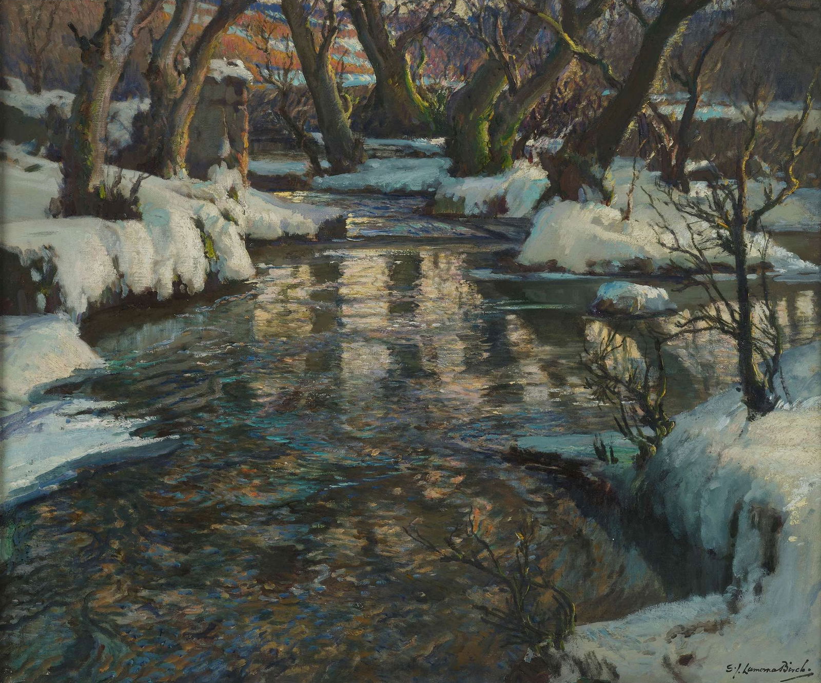 § SAMUEL JOHN LAMORNA BIRCH R.A. (BRITISH 1869-1955): SAMUEL JOHN LAMORNA BIRCH R.A. (BRITISH 1869-1955) JANUARY - WHEN DAFFODILS LIE SLEEPING Signed, inscribed with title to artist's own letterhead to stretcher verso, oil on canvas 61cm x 76cm (24in x 3