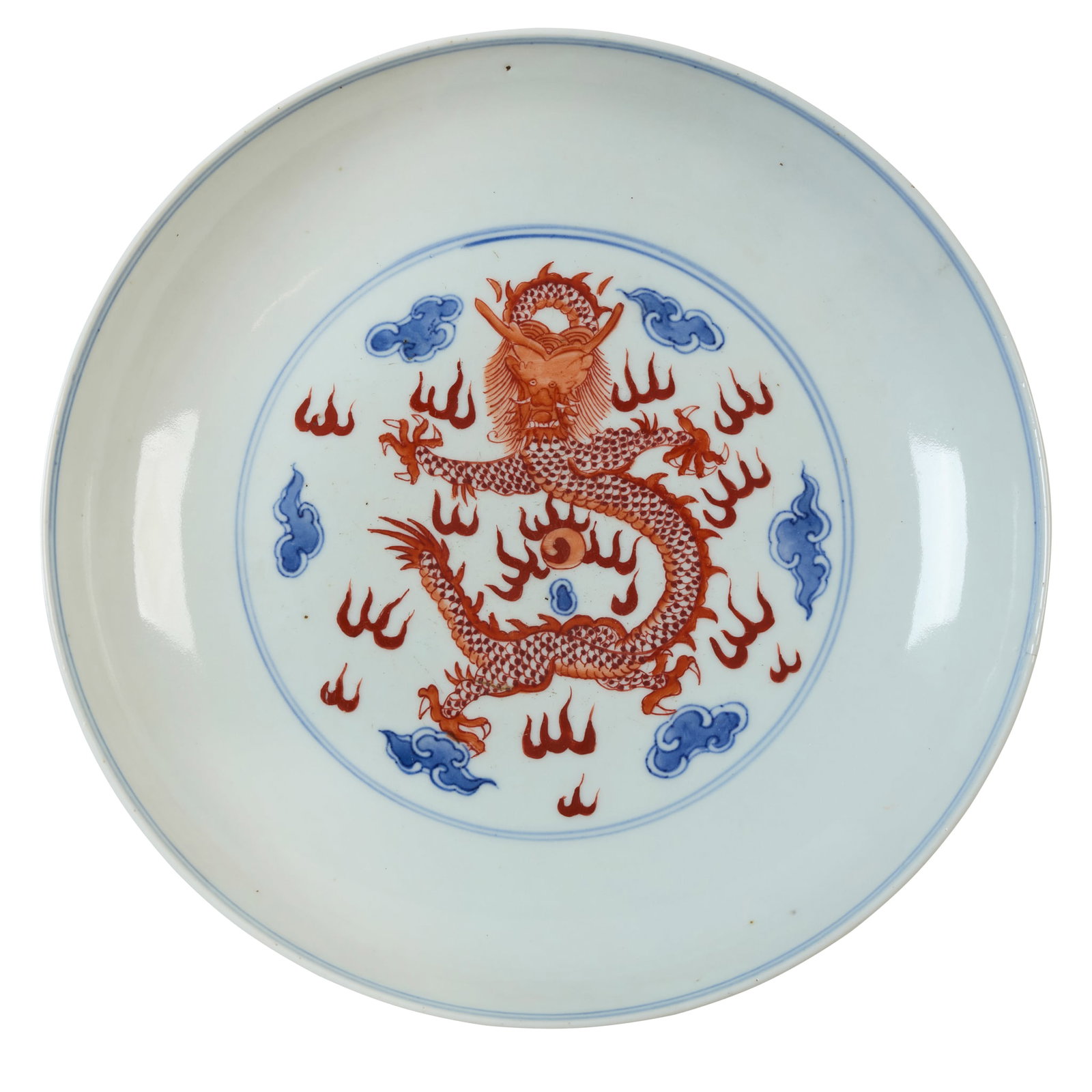 CHINESE IRON-RED WITH UNDERGLAZE BLUE 'DRAGON' PLATE (1 of 2)