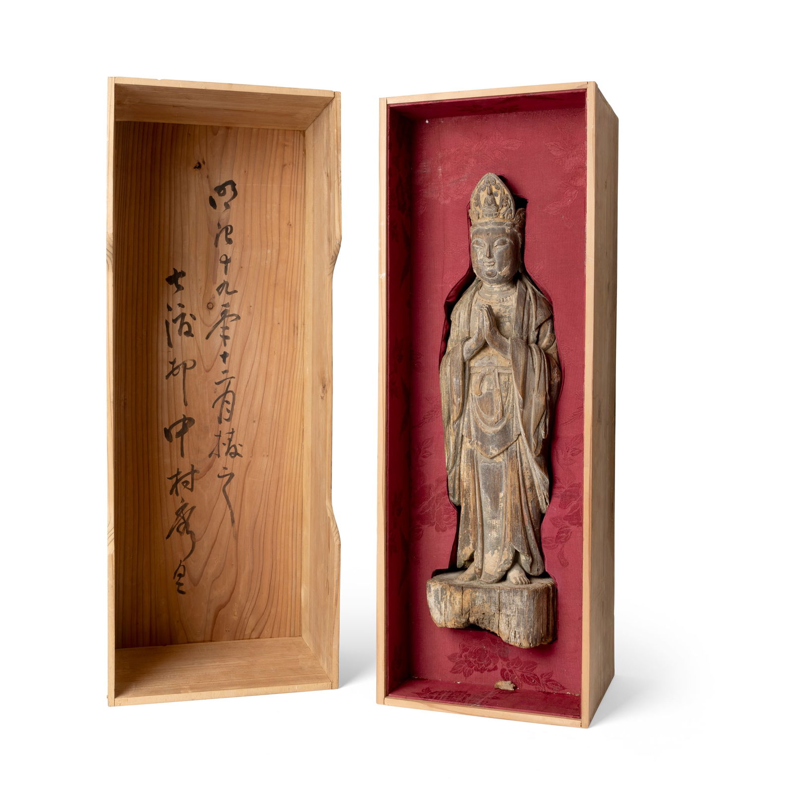 CHINESE CARVED WOOD FIGURE OF GUANYIN: CHINESE CARVED WOOD FIGURE OF GUANYIN POSSIBLY MING DYNASTY 或為明代 木雕觀音立像 帶木盒shown standing on a podium with ha