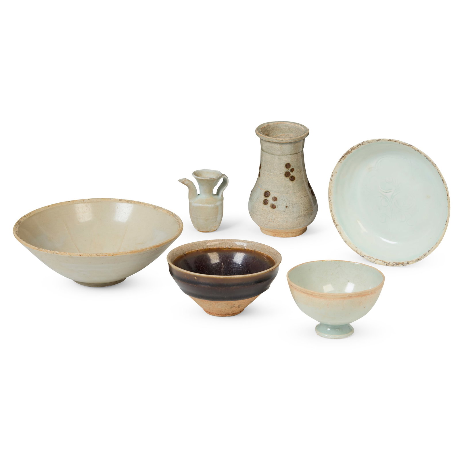 GROUP OF SIX MONOCHROME WARES: GROUP OF SIX MONOCHROME WARES SONG DYNASTY 宋 青白釉鐵斑小瓶、執壺型水滴、高足碗、!