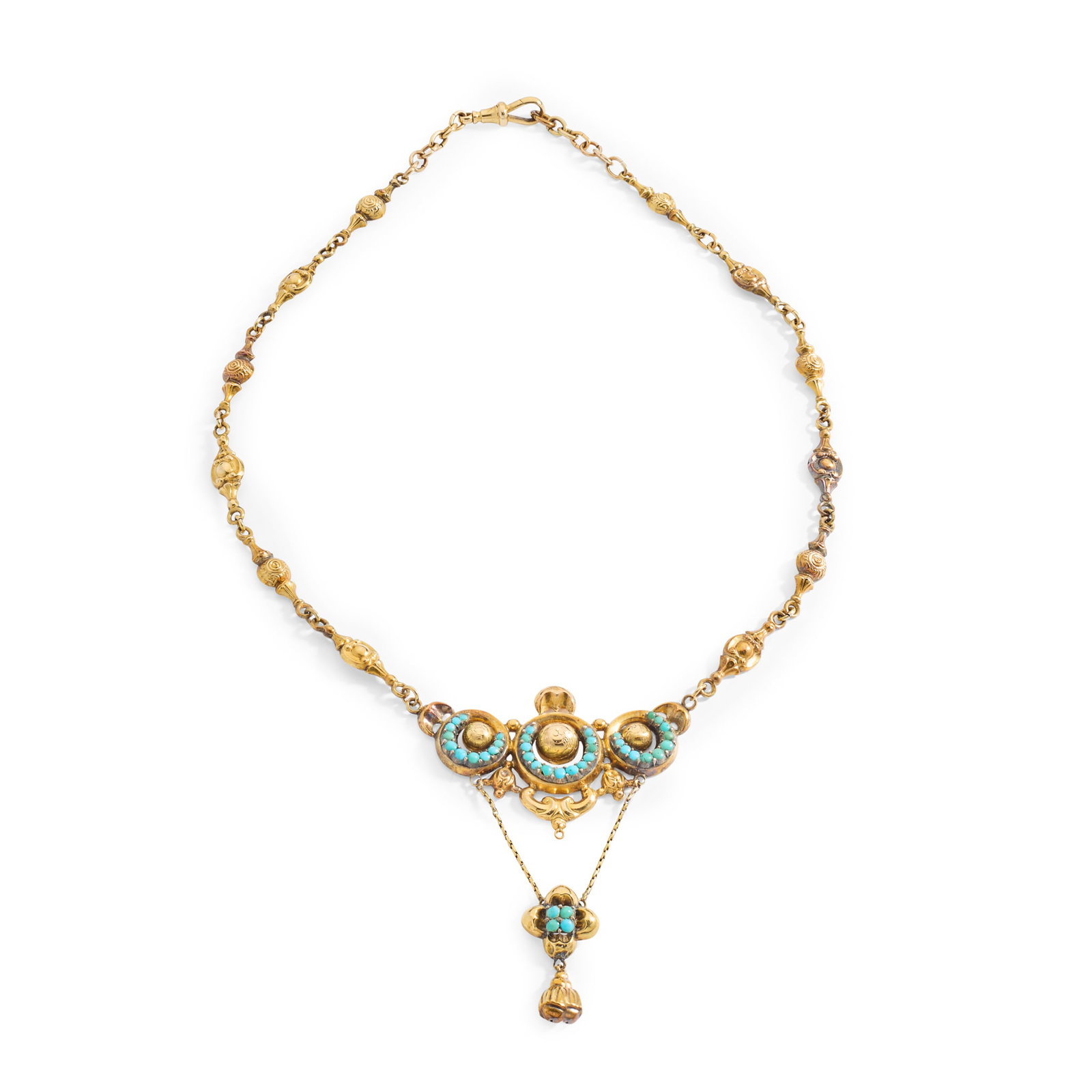 An early 20th century turquoise necklace: An early 20th century turquoise necklace Of cast scrolling and swag design, the central motif set with cabochon turquoise, unmarked Length: 41.0cm