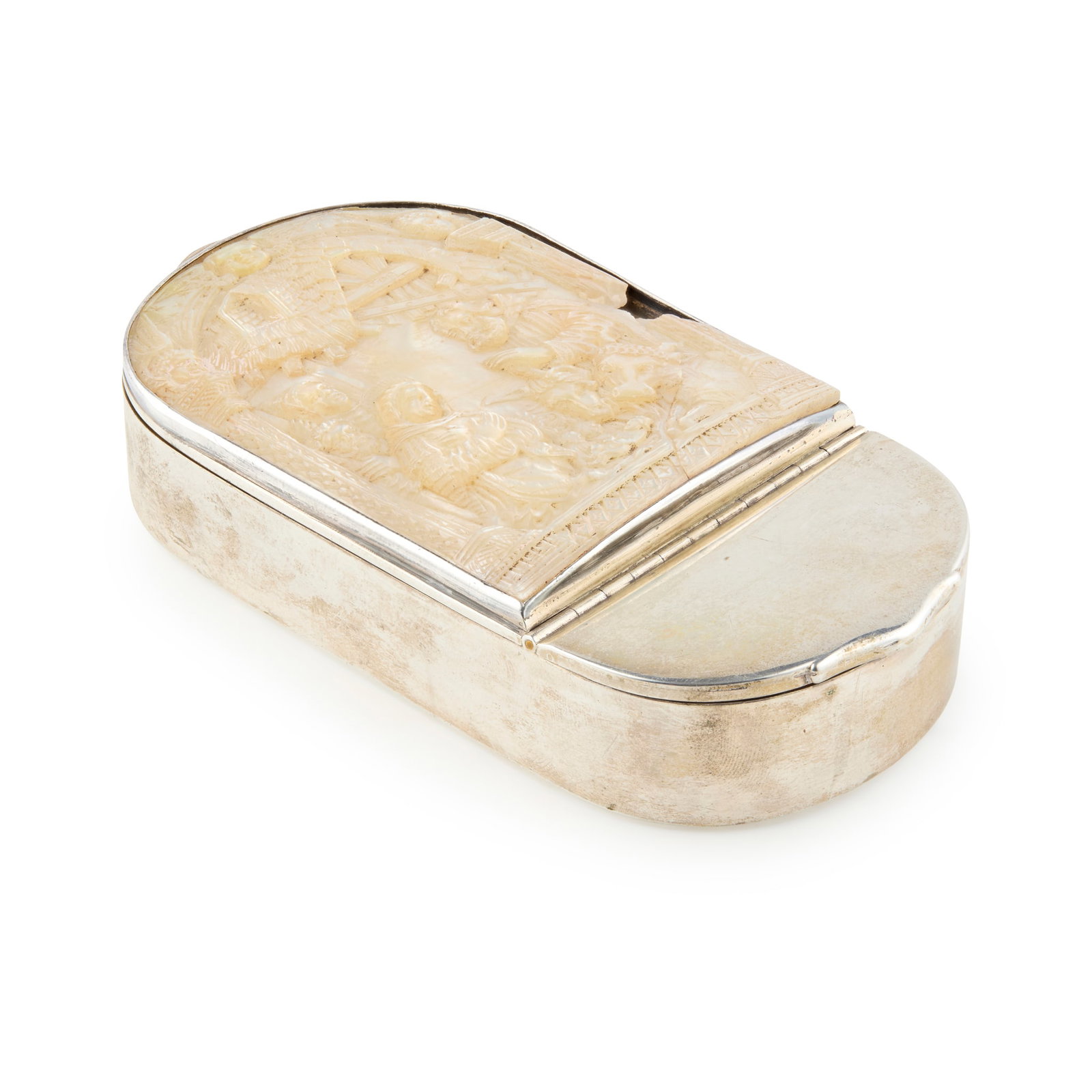 AN EARLY 19TH CENTURY SWEDISH MOTHER OF PEARL NATIVITY SCENE BOX: AN EARLY 19TH CENTURY SWEDISH MOTHER OF PEARL NATIVITY SCENE BOX AL, STOCKHOLM POSSIBLY 1814 Of oval outline, the hinged lid depicting the nativity scene, gilt interior 11cm wide, 5.2oz 