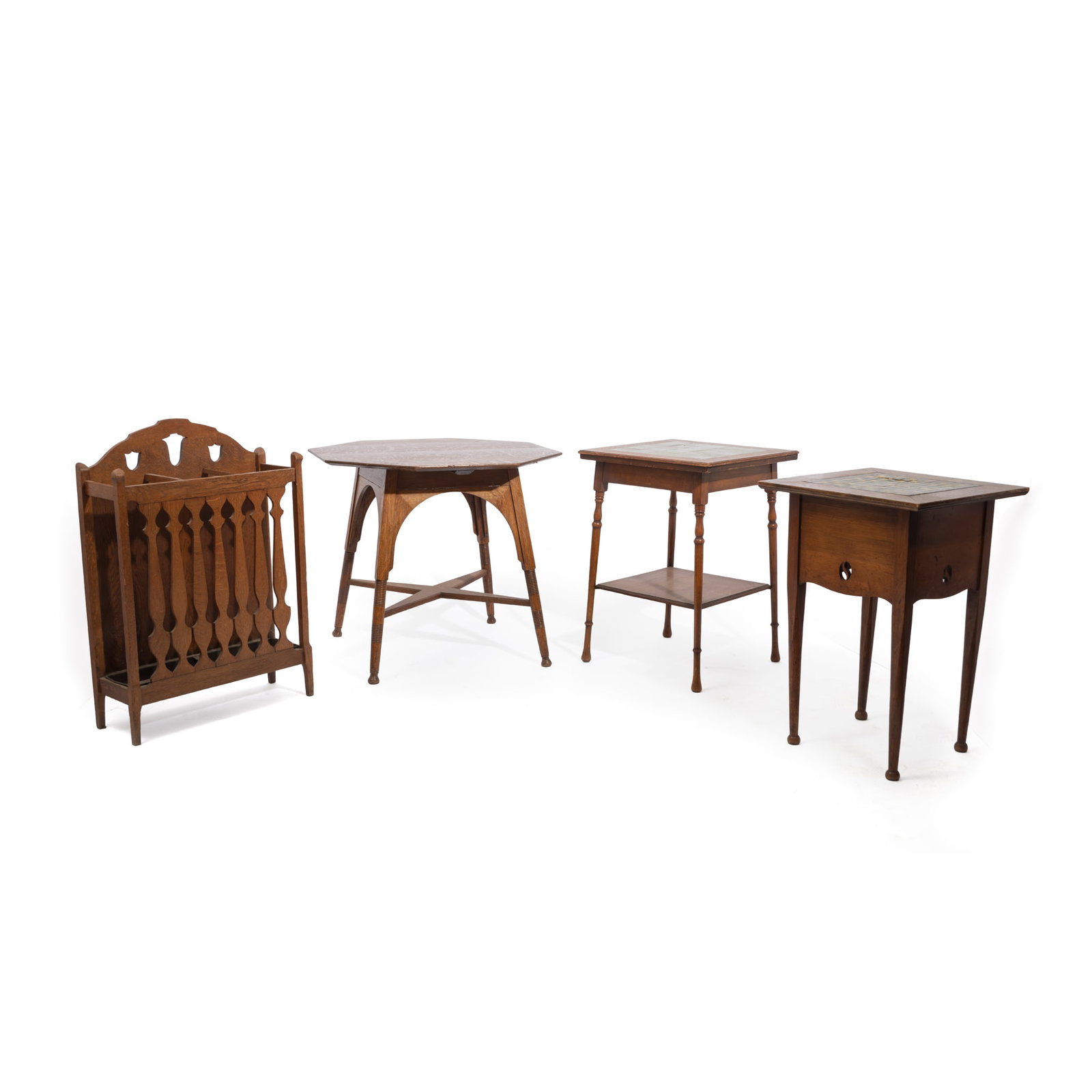 A GROUP OF ARTS AND CRAFTS OAK OCCASIONAL FURNITURE: A GROUP OF ARTS AND CRAFTS OAK OCCASIONAL FURNITURE LATE 19TH CENTURY/ EARLY 20TH CENTURY including a square top table inset with green tiles, a table with square top inset with green and yellow tiles