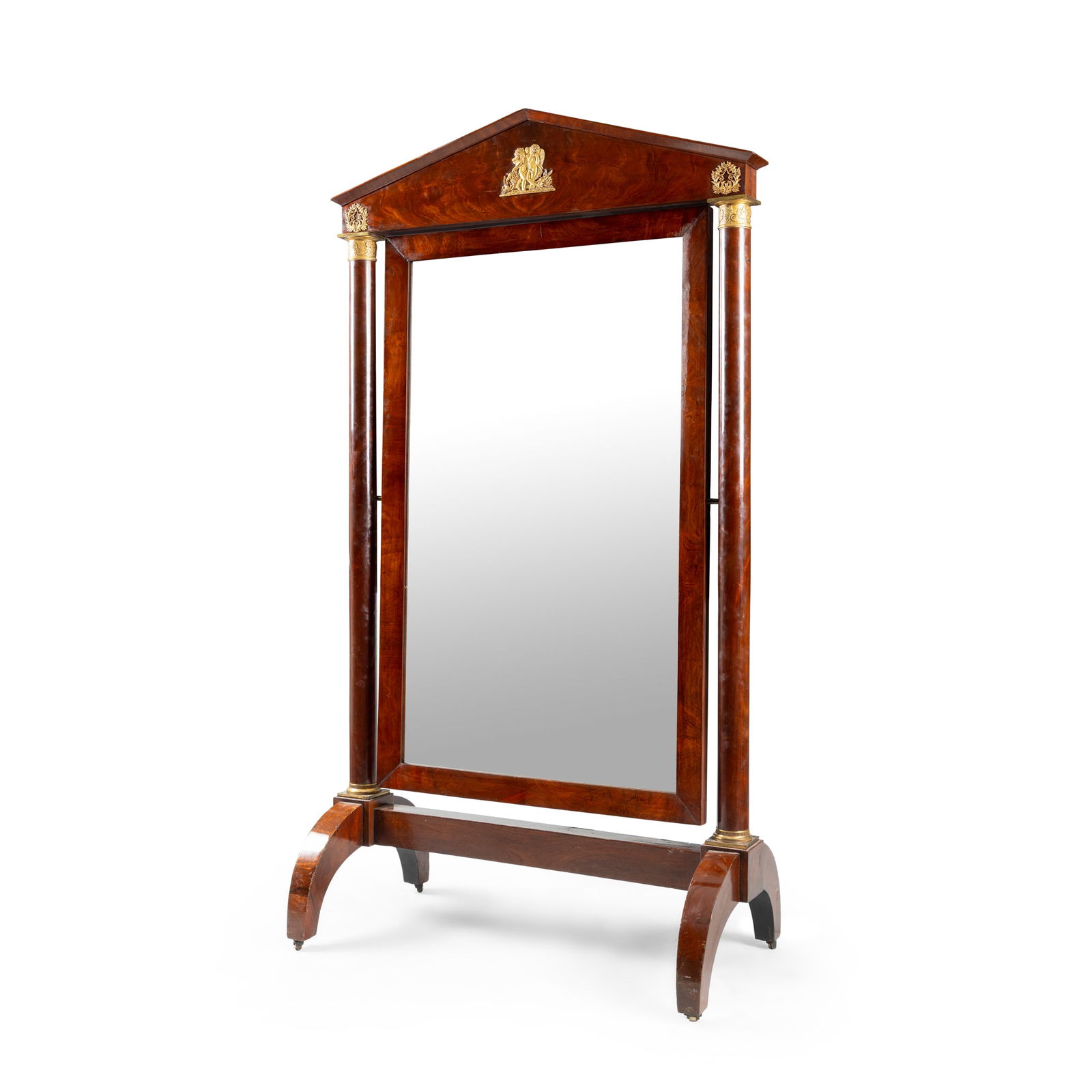 A LARGE EMPIRE MAHOGANY AND GILT BRONZE MOUNTED CHEVAL MIRROR: A LARGE EMPIRE MAHOGANY AND GILT BRONZE MOUNTED CHEVAL MIRROR EARLY 19TH CENTURY with architectural pediment with central cherub mount and wreath mounts, the bevelled rectangular plate flanked by turn