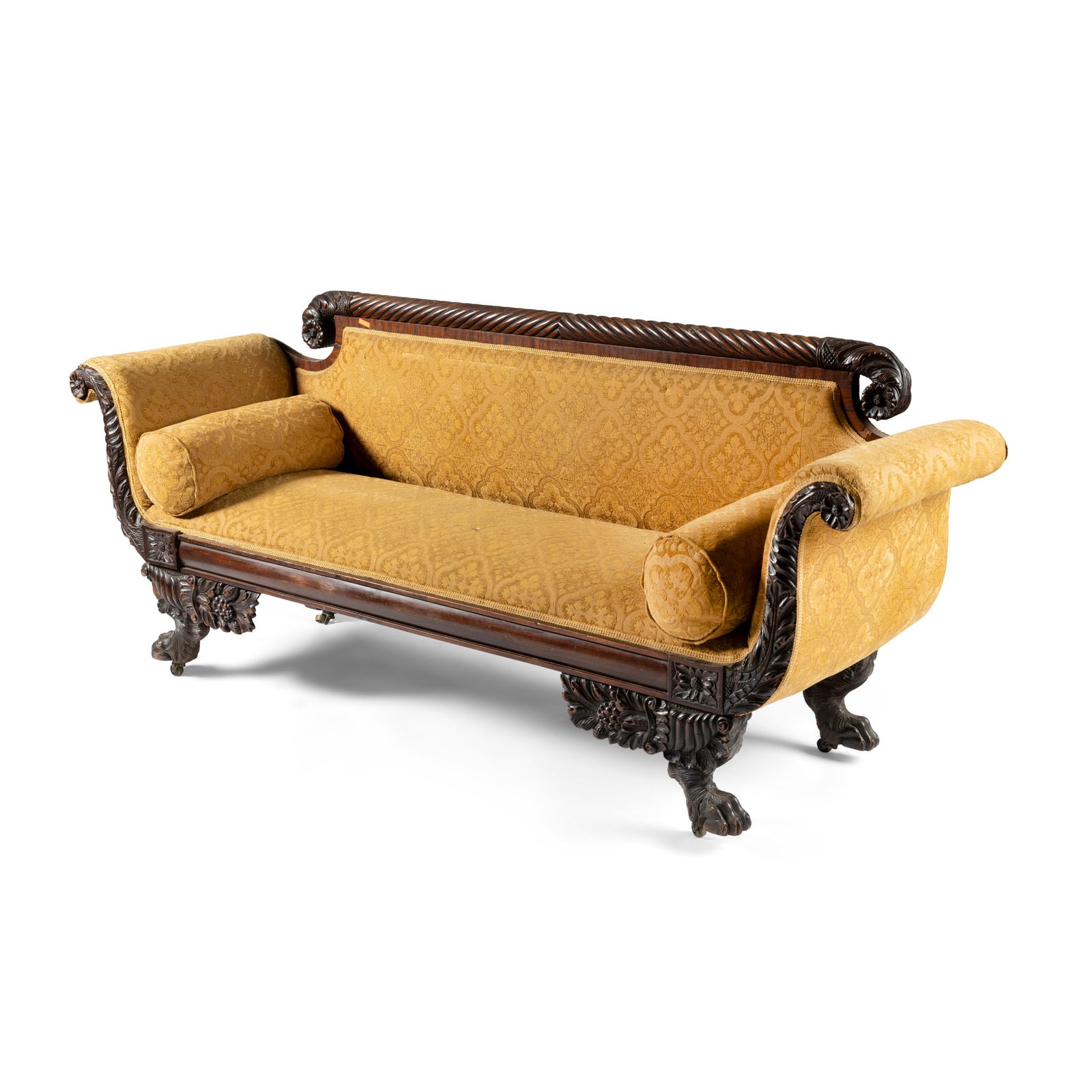 A MAHOGANY SOFA: A MAHOGANY SOFA 19TH CENTURY the spiral turned top rail with acanthus and rosette terminals, above a padded back and arms, the stuff over seat on fruiting bracket legs and hairy paw feet, raised on br