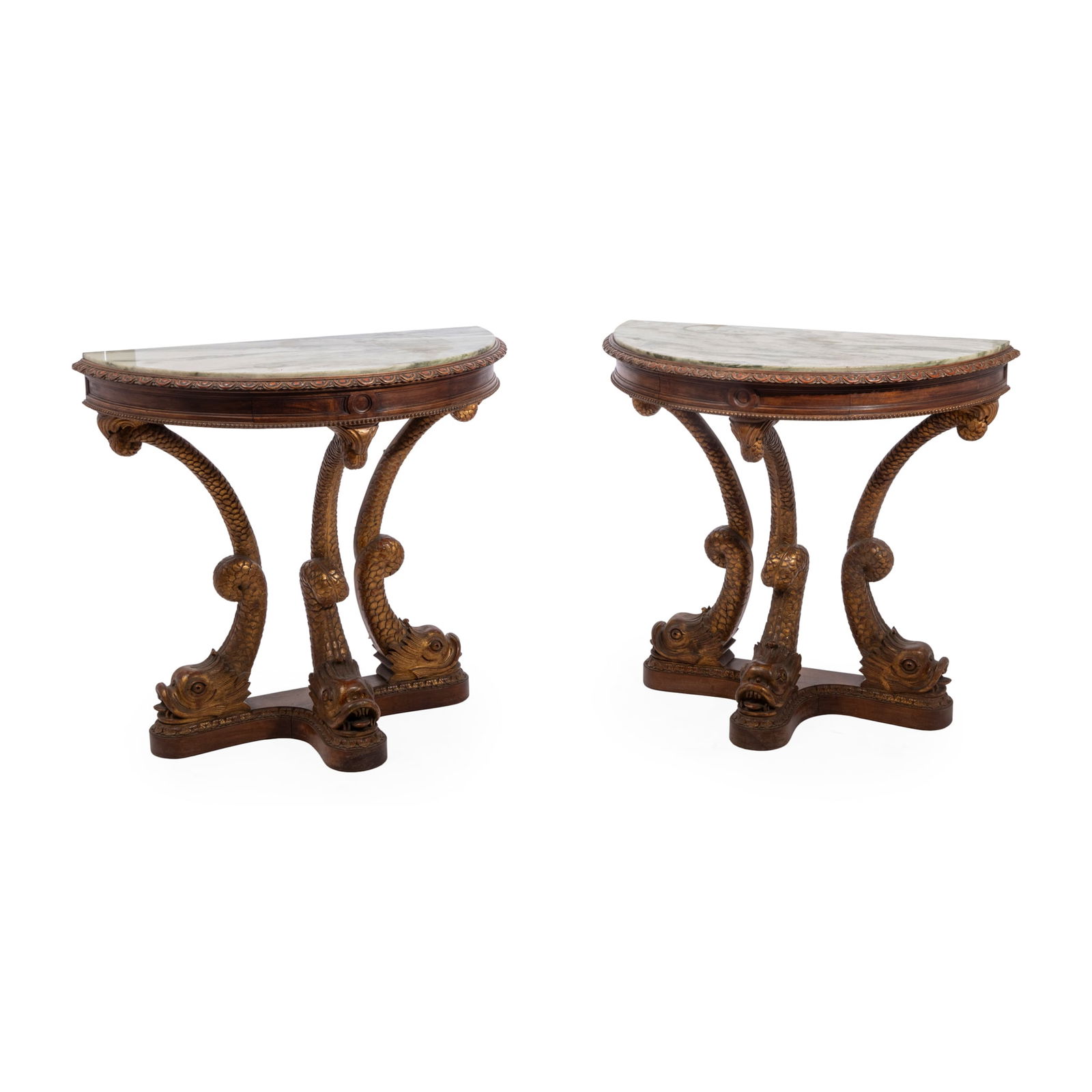 A PAIR OF FRENCH GILTWOOD AND GREEN MARBLE TOP DEMI LUNE CONSOLE TABLES: A PAIR OF FRENCH GILTWOOD AND GREEN MARBLE TOP DEMI LUNE CONSOLE TABLES 20TH CENTURY each with a moulded egg and dart edge above three dolphin supports, on a tricorn base with carved foliate edge, (2)
