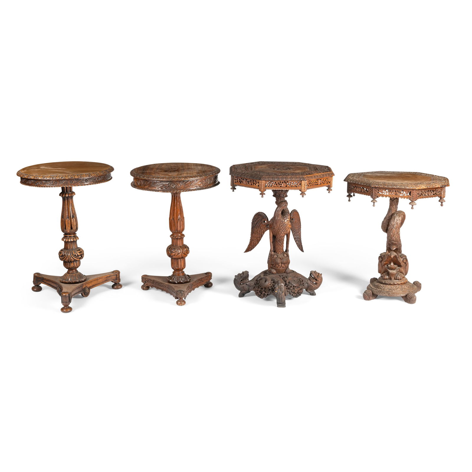 A COLLECTION OF FOUR SOUTH EAST ASIAN AND ANGLO INDIAN HARDWOOD OCCASIONAL TABLES: A COLLECTION OF FOUR SOUTH EAST ASIAN AND ANGLO INDIAN HARDWOOD OCCASIONAL TABLES EARLY 20TH CENTURY two with carved octagonal tops resting on zoomorphic bases, two with circular tops and carved folia
