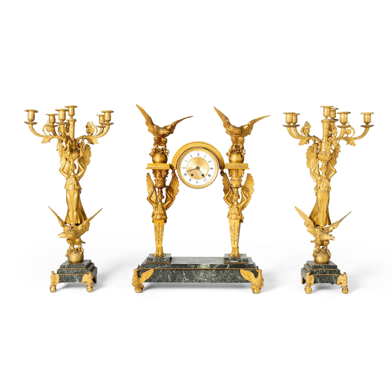 A FRENCH GILT-BRONZE AND MARBLE CLOCK GARNITURE (1 of 1)