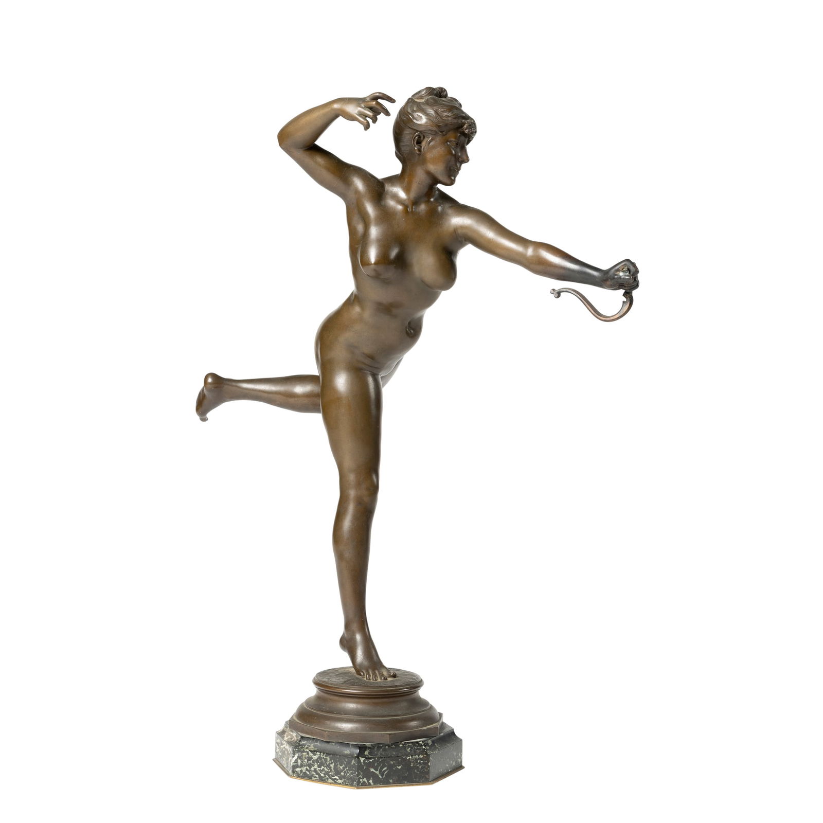 A BRONZE FIGURE OF A FEMALE NUDE, AFTER ALEXANDRE FALGUIERE (FRENCH 1831-1900): A BRONZE FIGURE OF A FEMALE NUDE, AFTER ALEXANDRE FALGUIERE (FRENCH 1831-1900) 19TH CENTURY Modelled in a dynamic pose as though firring a bow and arrow, octagonal stepped base, bearing signature and
