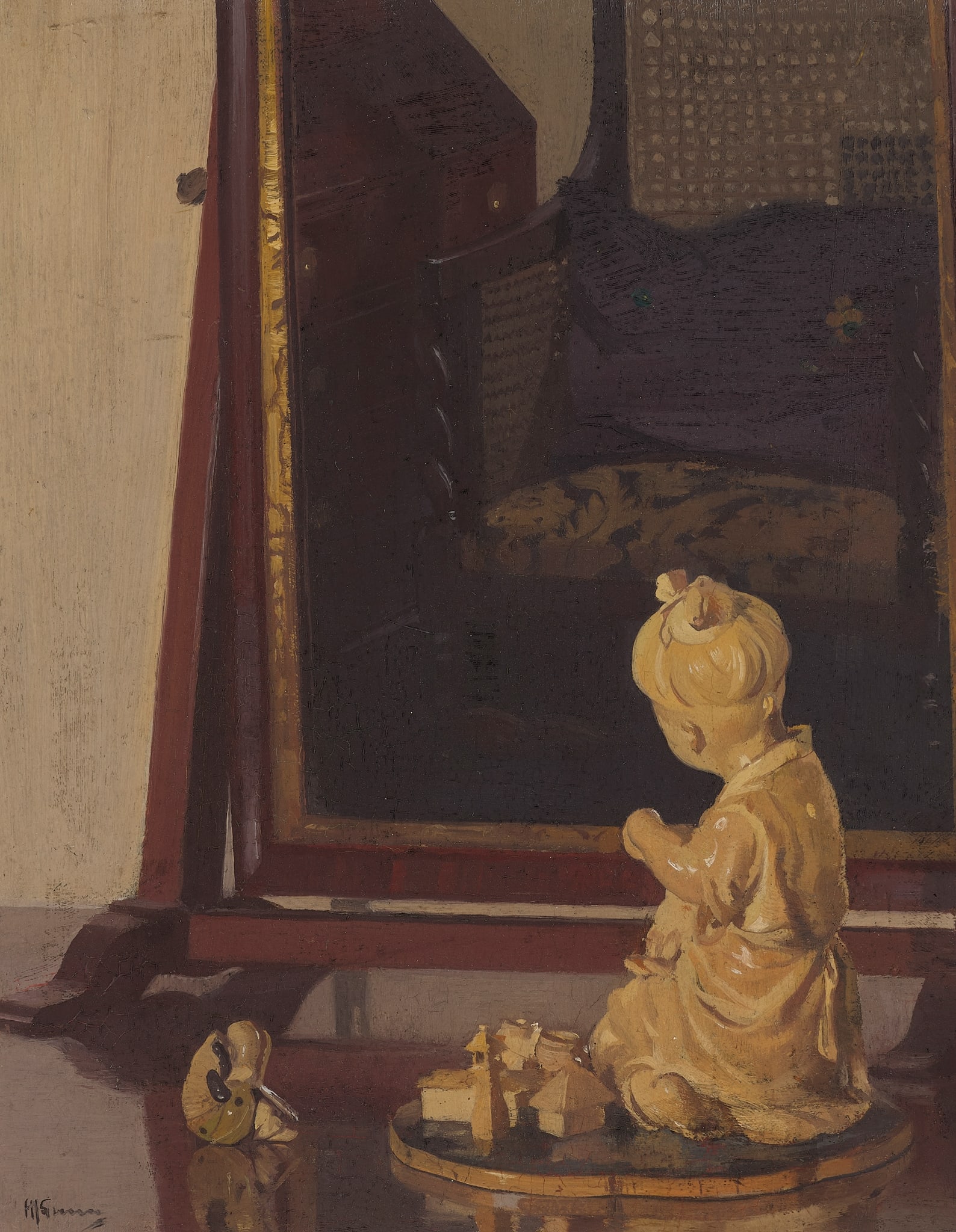 § SIR HERBERT JAMES GUNN R.A., P.R.P., R.S.W. (SCOTTISH 1893-1964): SIR HERBERT JAMES GUNN R.A., P.R.P., R.S.W. (SCOTTISH 1893-1964) BUDDHA AND DRESSING MIRROR Signed, oil on board 30.5cm x 23cm (12in x 9in)
