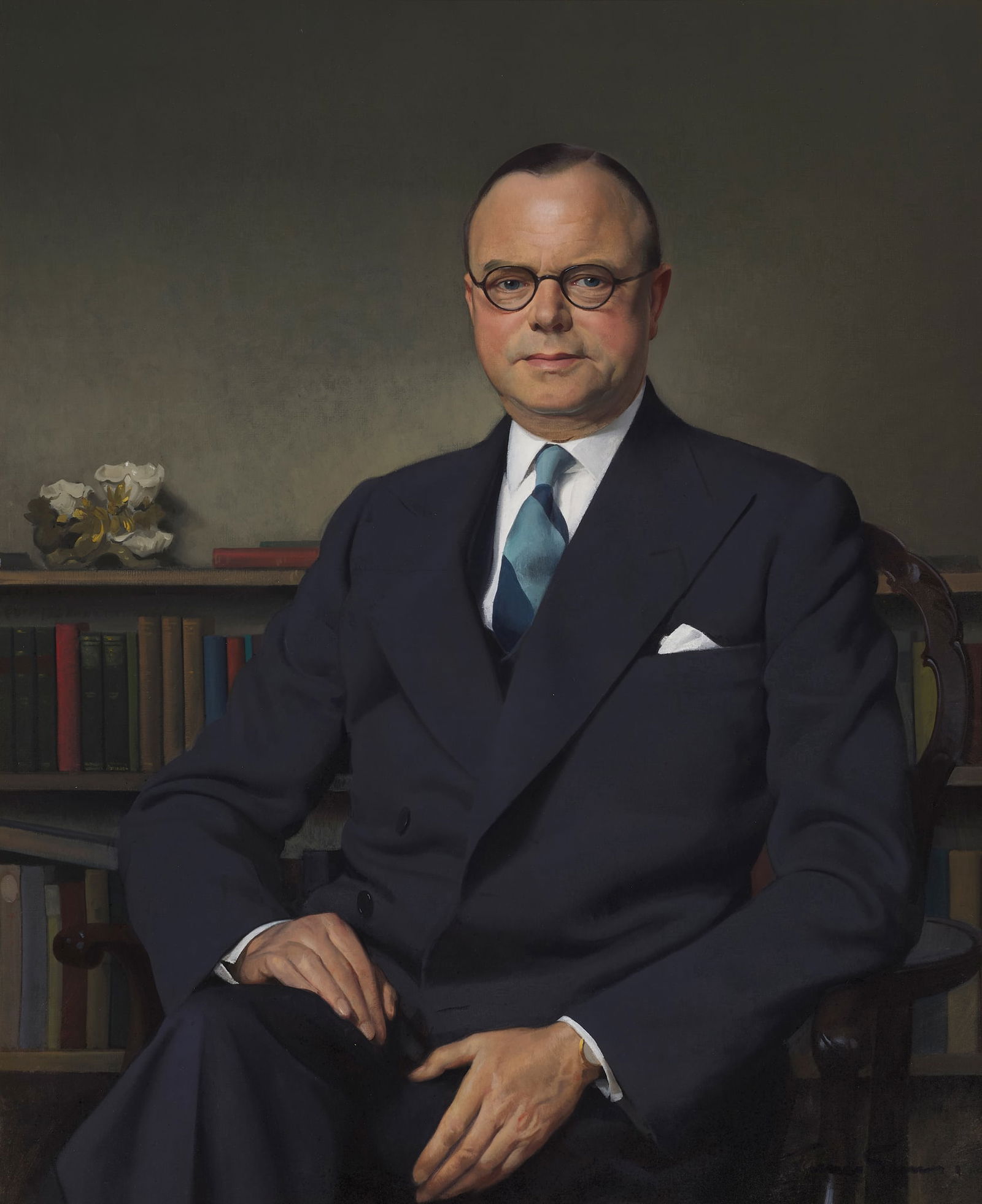 § SIR HERBERT JAMES GUNN R.A., P.R.P., R.S.W. (SCOTTISH 1893-1964): SIR HERBERT JAMES GUNN R.A., P.R.P., R.S.W. (SCOTTISH 1893-1964) PORTRAIT OF SIR ERNEST LEVER Signed, oil on canvas 110cm x 91cm (43.25in x 36in) Lawrence's Auctioneers, Crewkerne, 17 April 2015.