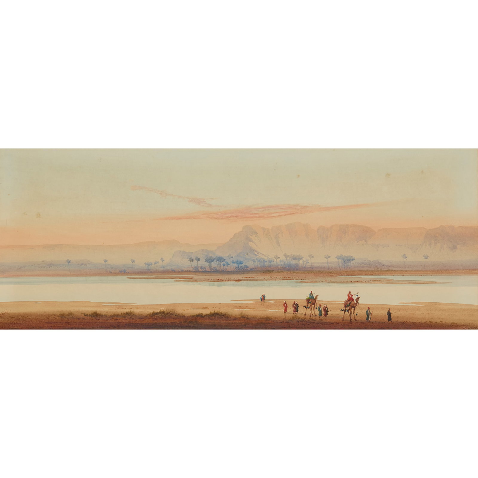 AUGUSTUS OSBOURNE LAMPLOUGH (BRITISH 1877-1930): AUGUSTUS OSBOURNE LAMPLOUGH (BRITISH 1877-1930) NEAR KARNAK Signed and inscribed and another by the same hand ‘Sunset at the Pyramids’, (2) 23cm x 59cm (9in x 23.25in)