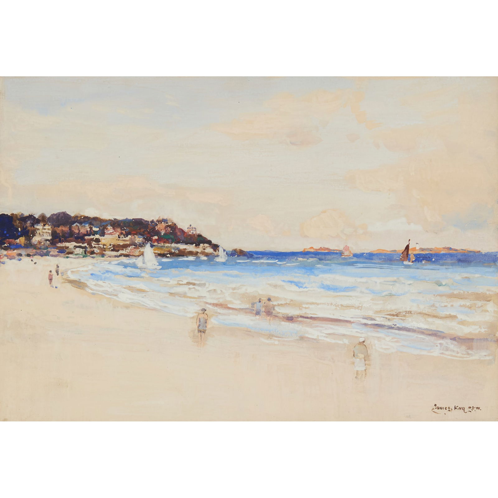 JAMES KAY R.S.A., R.S.W. (SCOTTISH 1858-1942): JAMES KAY R.S.A., R.S.W. (SCOTTISH 1858-1942) ON THE BEACH, DINARD Signed, mixed media 24cm x 34.5cm (9.5in x 13.5in)