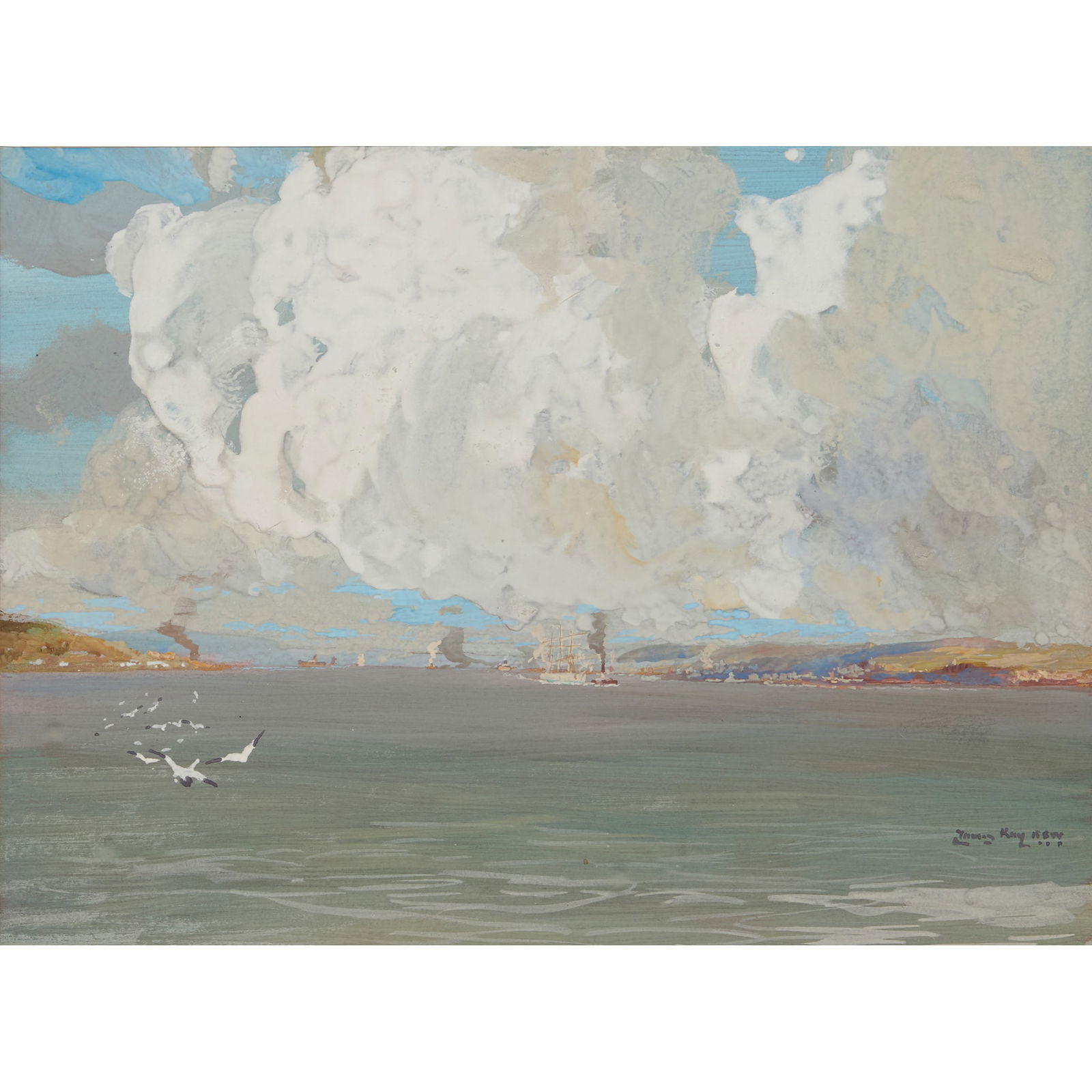 JAMES KAY R.S.A., R.S.W. (SCOTTISH 1858-1942): JAMES KAY R.S.A., R.S.W. (SCOTTISH 1858-1942) ON THE CLYDE ESTUARY Signed, gouache 22cm x 28cm (8.5in x 11in)