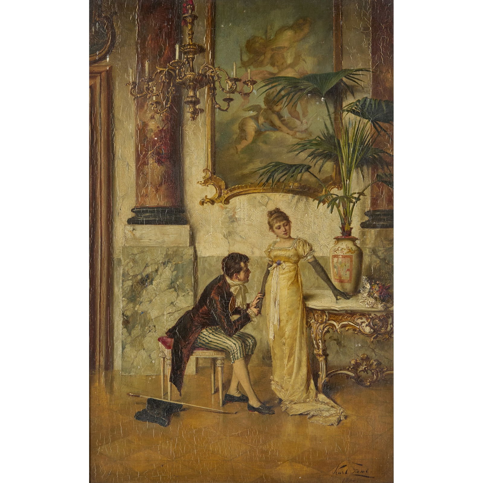 KARL FE** (19th CENTURY GERMAN SCHOOL) (?): KARL FE** (19th CENTURY GERMAN SCHOOL) (?) THE PROPOSAL Indistinctly signed and dated 1865, oil on panel 40cm x 25cm (15.75in x 9.75cm)