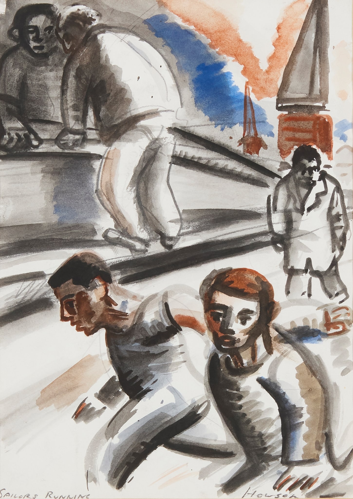 § PETER HOWSON O.B.E. (SCOTTISH B.1958): PETER HOWSON O.B.E. (SCOTTISH B.1958) SAILORS RUNNING Signed lower right and inscribed with title in pencil lower left, watercolour, ink and wash 23cm x 17cm (9in x 6.75in)