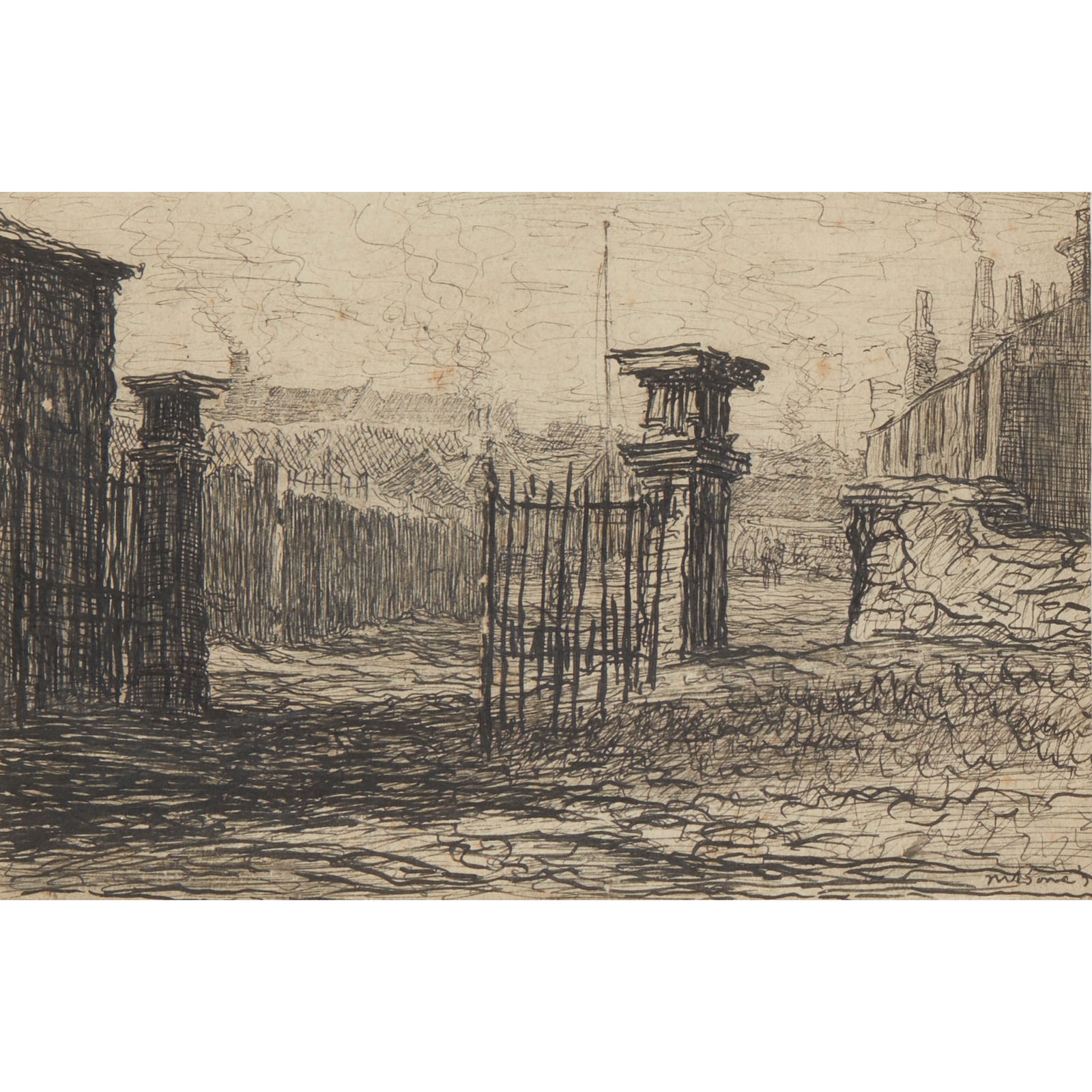 § SIR MUIRHEAD BONE H.R.S.A., H.R.W.S., H.A.R.I.B.A., H.R.E., L.L.B., D.LITT (SCOTTISH: SIR MUIRHEAD BONE H.R.S.A., H.R.W.S., H.A.R.I.B.A., H.R.E., L.L.B., D.LITT (SCOTTISH 1876-1953) OLD MANSION HOUSE GATES AT ROCKVILLA, GLASGOW signed and dated in ink in margin (lower right) and titled