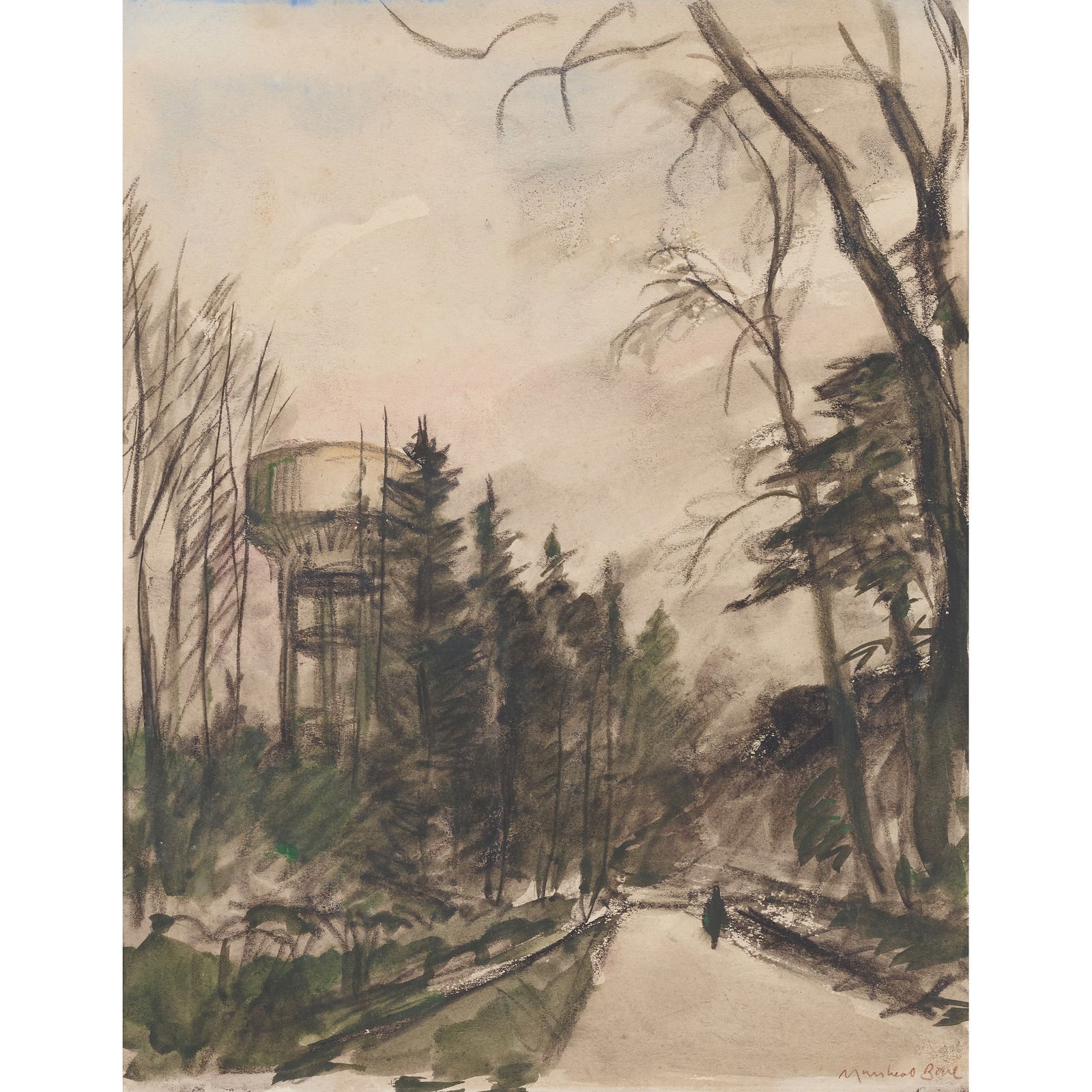 SIR MUIRHEAD BONE H.R.S.A., H.R.W.S., H.A.R.I.B.A., H.R.E., L.L.B., D.LITT (SCOTTISH 1876-1953): SIR MUIRHEAD BONE H.R.S.A., H.R.W.S., H.A.R.I.B.A., H.R.E., L.L.B., D.LITT (SCOTTISH 1876-1953) WATER TOWER, ALMERTON signed (lower right), charcoal, watercolour and wash on paper 30.5cm x 23.5cm (12i