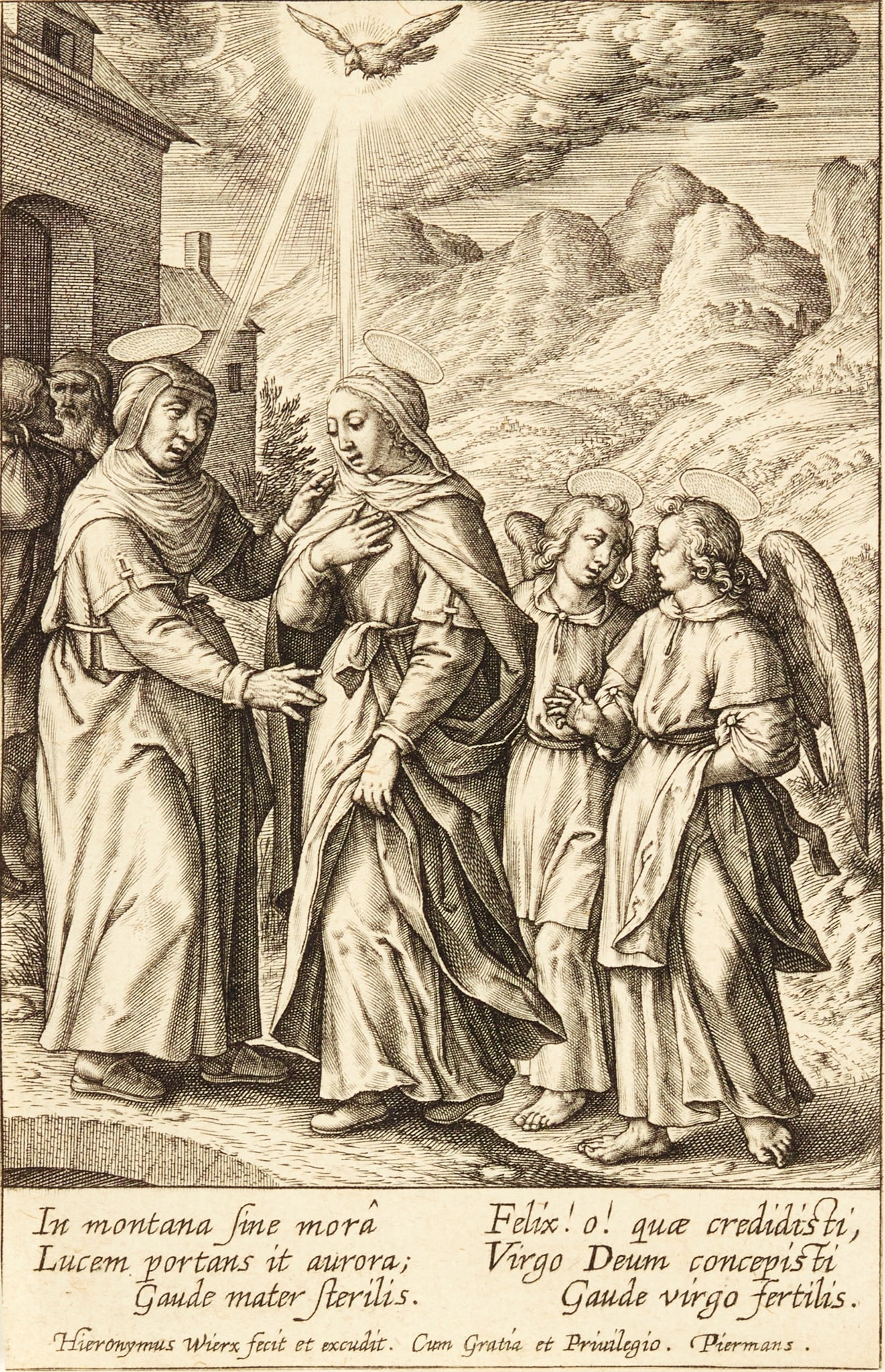 HIERONYMUS WIERIX (FLEMISH 1553-1619): HIERONYMUS WIERIX (FLEMISH 1553-1619) THE VISITATION Engraving, with printed text to lower border the sheet 10cm x 6.5cm (4in x 2.7in), unframed Collection of a Gentleman, Edinburgh; acquired fr