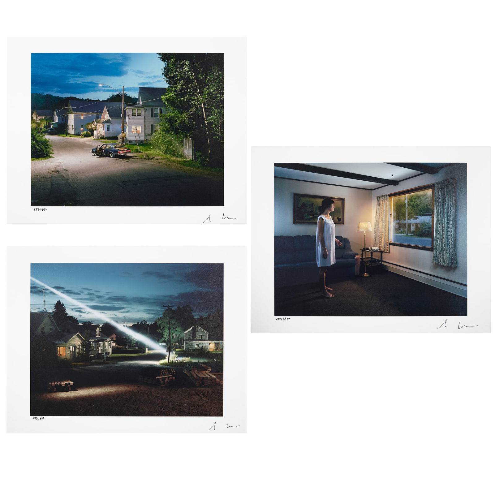 GREGORY CREWDSON (AMERICAN 1962-): GREGORY CREWDSON (AMERICAN 1962-) TWILIGHT (SET OF THREE): RAY OF LIGHT; MAN IN CAR WITH SHED & CIRCLE ON WINDOW - 2023 The complete set of three digital pigment prints on Moab Juniper Baryta Rag 305