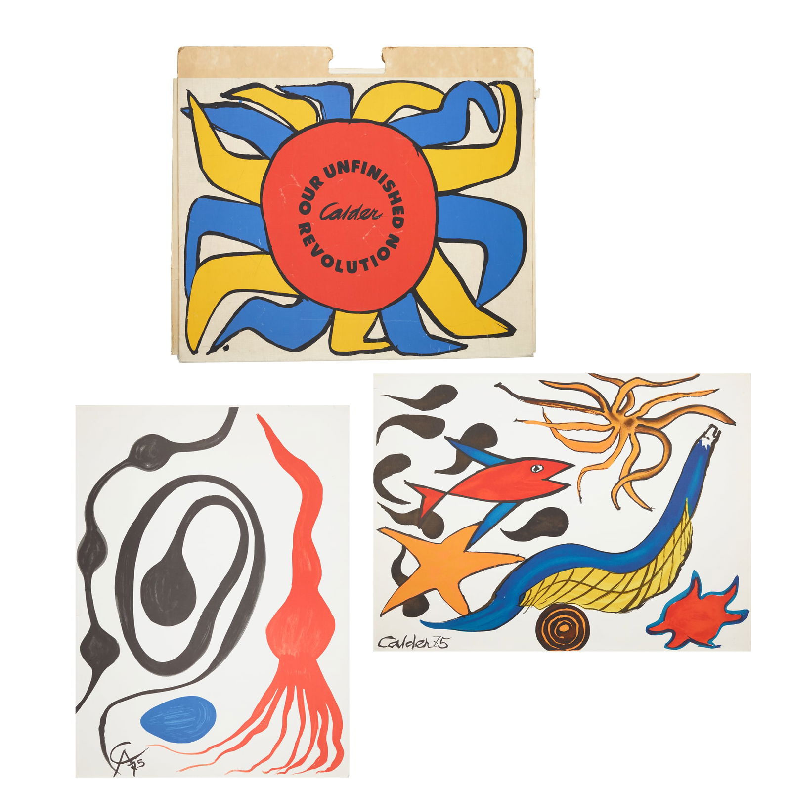 ALEXANDER CALDER (AMERICAN 1898-1976): ALEXANDER CALDER (AMERICAN 1898-1976) TWO PRINTS, FOLIO COVER AND TEXT PAGES, FROM 'OUR UNFINISHED REVOLUTION' - 1975 Two lithographs, ed. 250, each signed and dated in print; and the folio cover