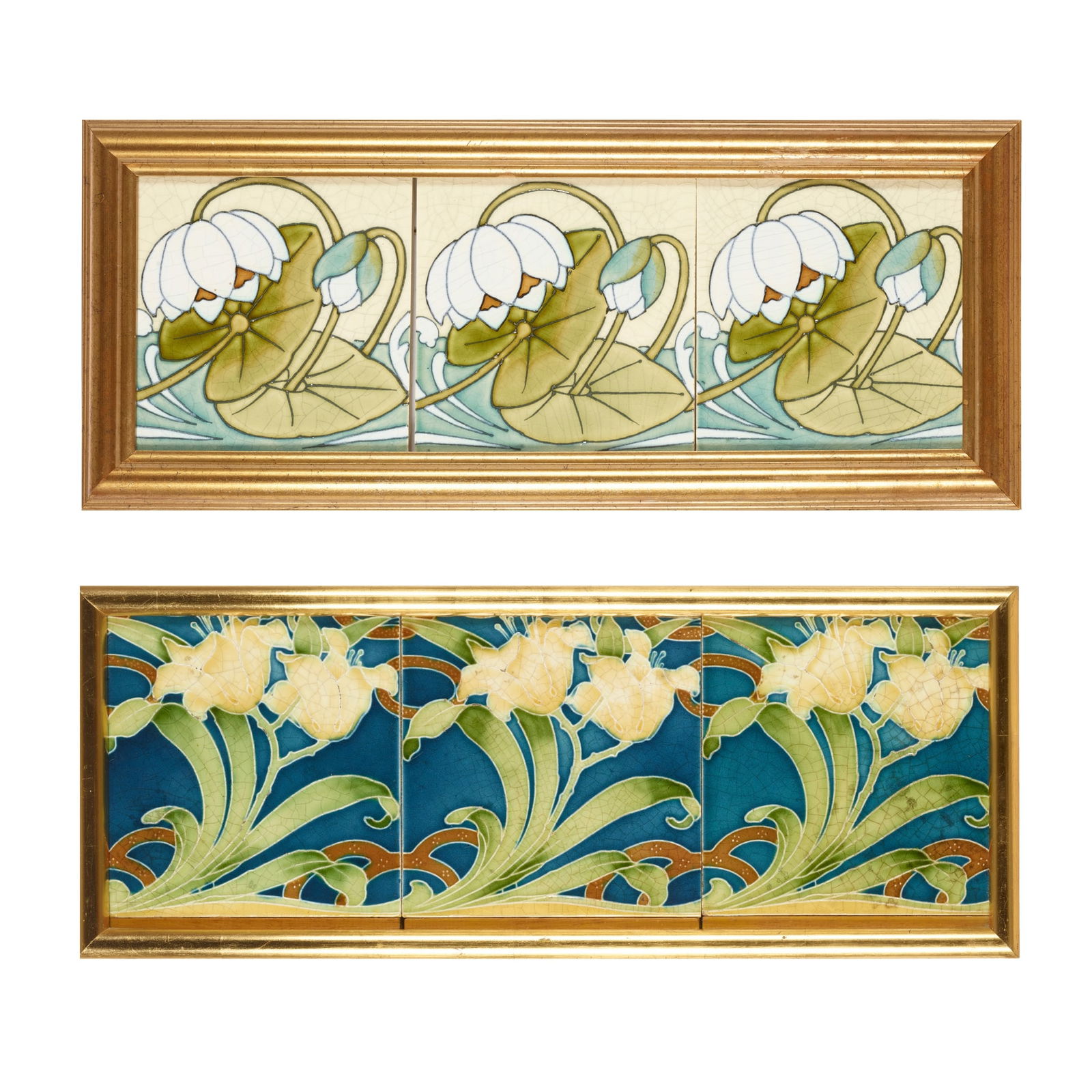 MINTONS: MINTONS FRAMED SECESSIONIST THREE-TILE PANEL, CIRCA 1900 tube-lined dust-pressed clay, moulded maker's marks, each tile 15.2cm square (frame size 19cm x 48cm); together with a FRAMED GIEN SECESSIONIST