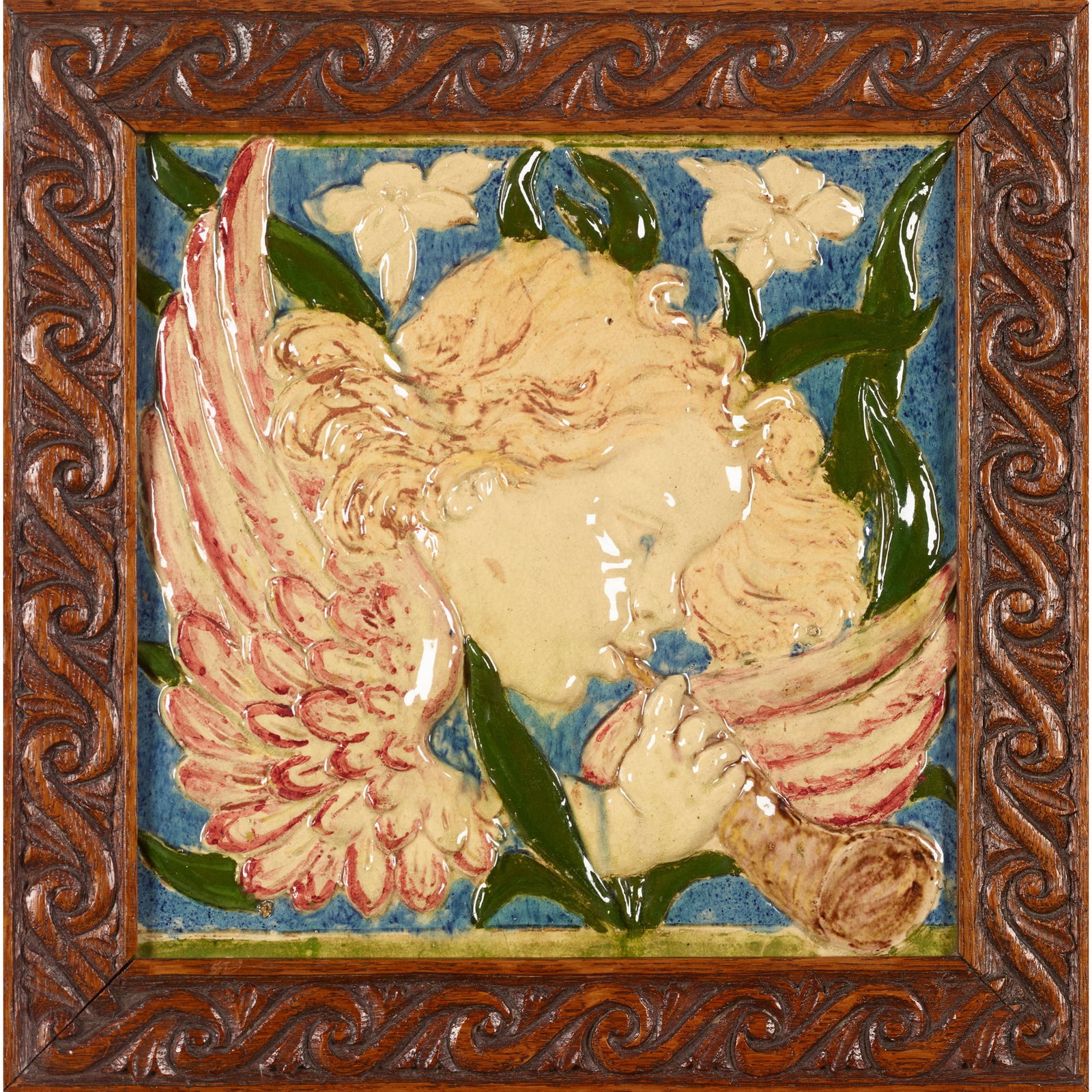 HAROLD RATHBONE (1858-1929) FOR DELLA ROBBIA POTTERY, BIRKENHEAD: HAROLD RATHBONE (1858-1929) FOR DELLA ROBBIA POTTERY, BIRKENHEAD FRAMED TILE PLAQUE, 1895 sculpted and glazed terracotta, carved oak frame, incised factory mark, signed and dated with artist's monogra