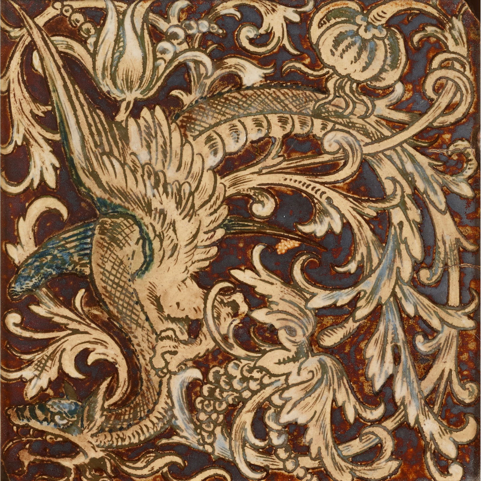 MARTIN BROTHERS: MARTIN BROTHERS 6- INCH DRAGONS TILE, CIRCA 1900 salt-glazed stoneware 15cm square (frame size 22cm square) The Michael Blood Collection, see lot 1 for more details