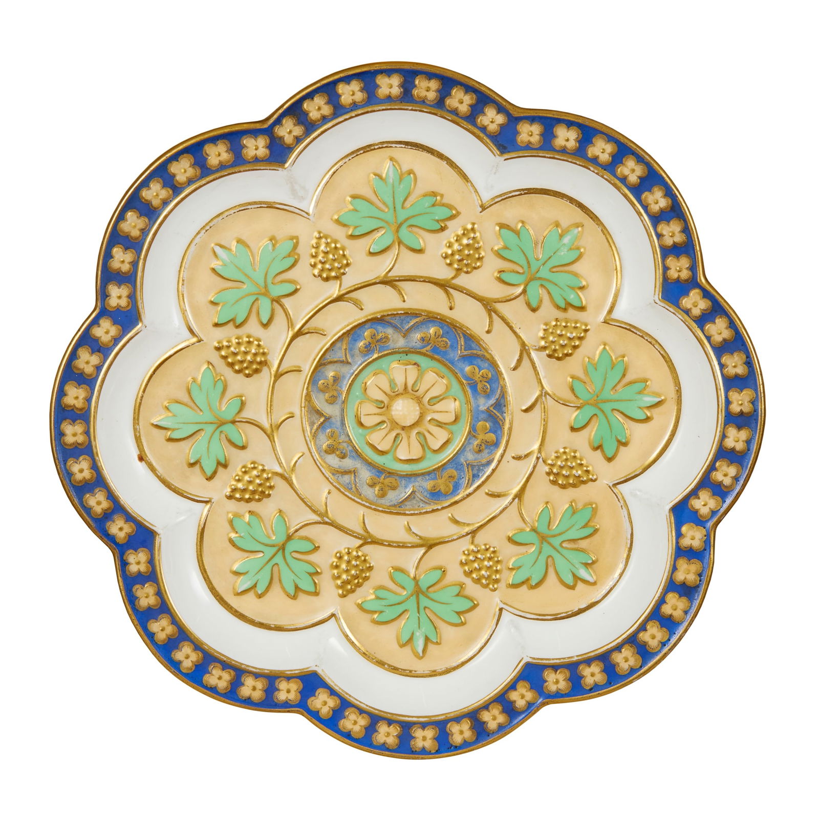 A.W.N. PUGIN (1812-1852) FOR MINTON & CO.: A.W.N. PUGIN (1812-1852) FOR MINTON & CO. GOTHIC REVIVAL DESSERT PLATE, CIRCA 1850 painted and glazed bone china 23.5cm diameter Private collection, London Literature: Atterbury, Paul & Wainwright, Cl