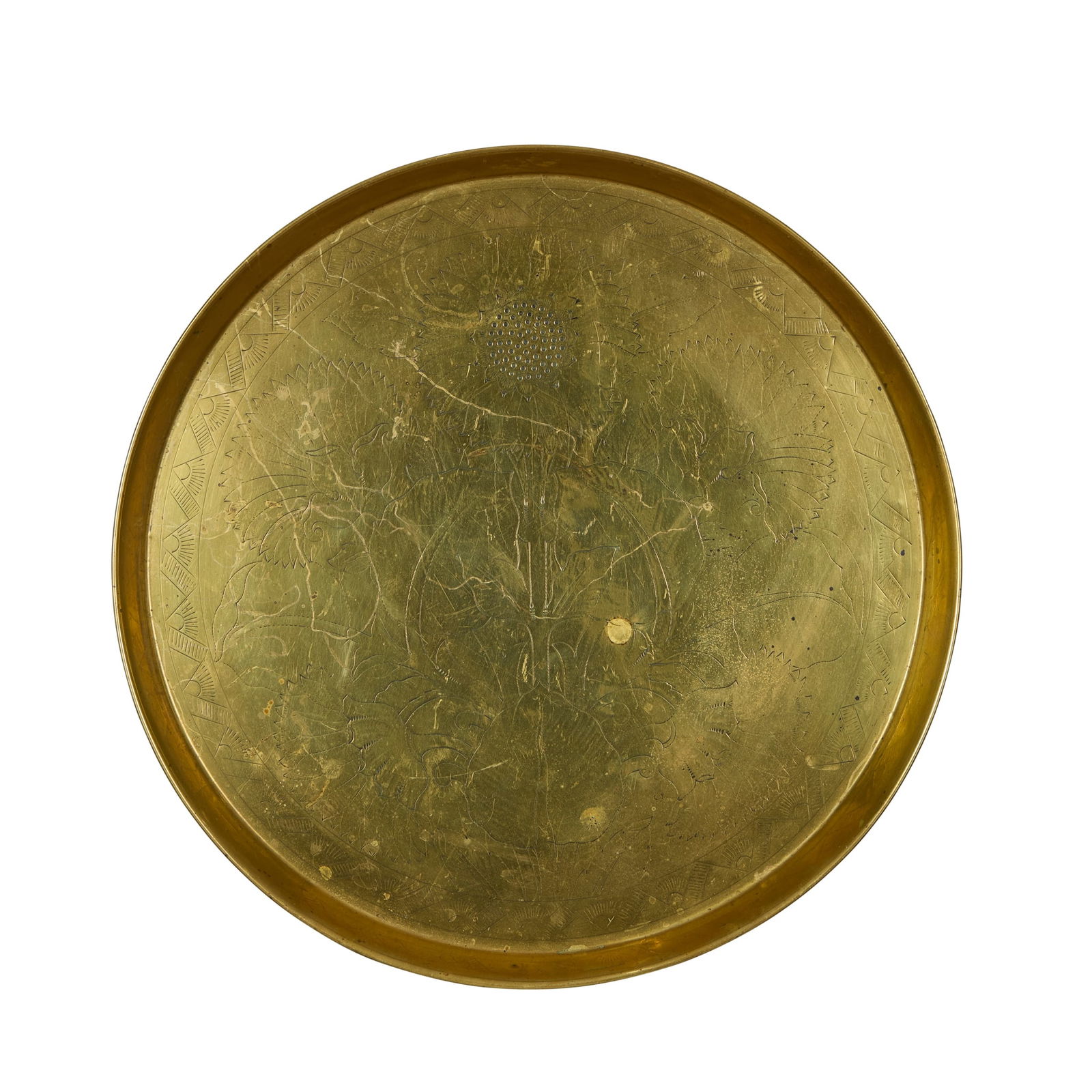 CHRISTOPHER DRESSER (1834-1904) FOR BENHAM & FROUD: CHRISTOPHER DRESSER (1834-1904) FOR BENHAM & FROUD AESTHETIC MOVEMENT TRAY, CIRCA 1880 brass, with stamped sunflower design 43.5cm diameter Private collection, London