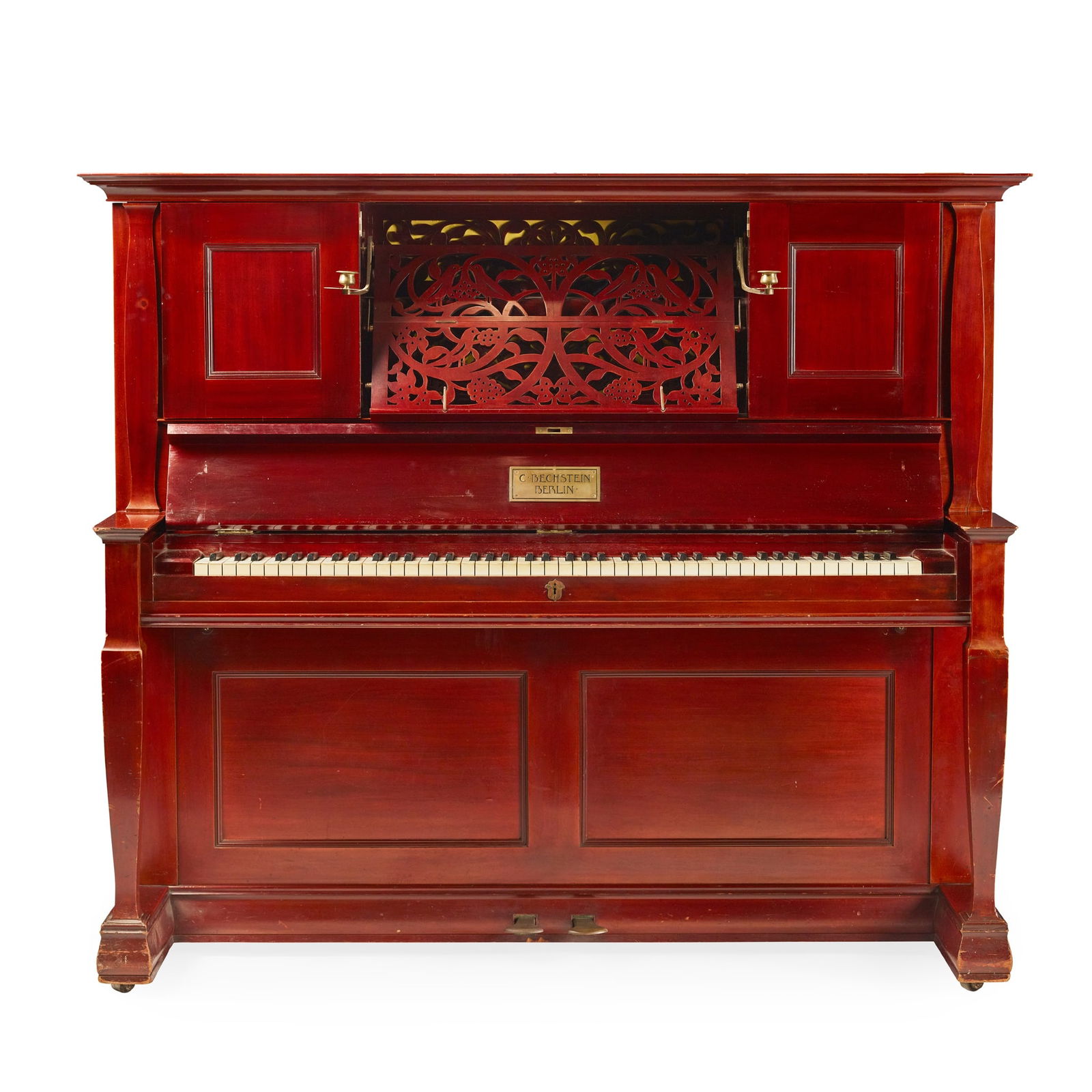 WALTER CAVE (1863-1939) FOR BECHSTEIN: WALTER CAVE (1863-1939) FOR BECHSTEIN ARTS & CRAFTS UPRIGHT PIANO, 1879 polished mahogany, with brass fittings, bears brass plaque to inside of keyboard cover BECHSTEIN BERLIN, the overstrung iron fra